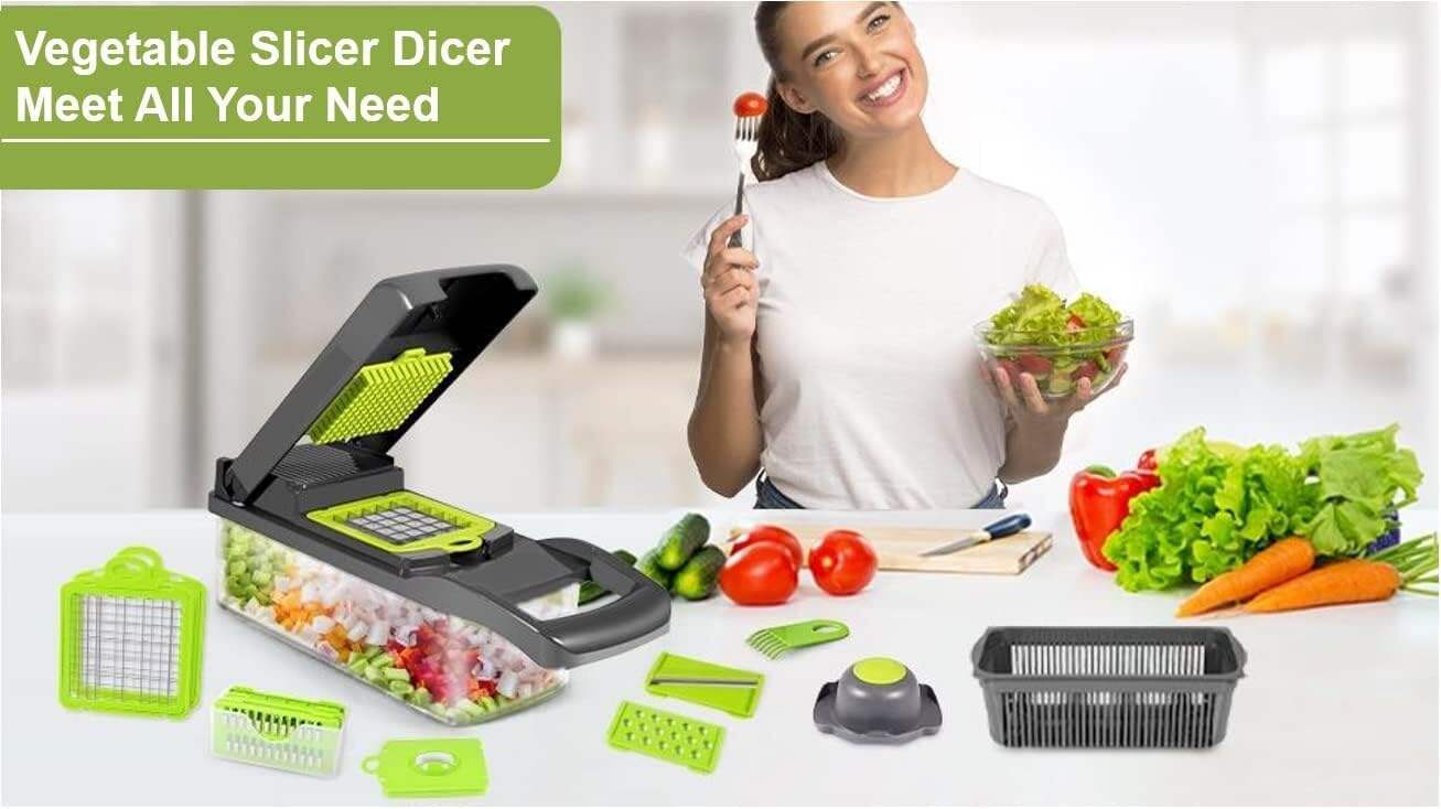 product new premium multifunctional fruit  vegetable chopper with 8 blades  container 12 in 1 manual food cutter slicer dicer  grater-31