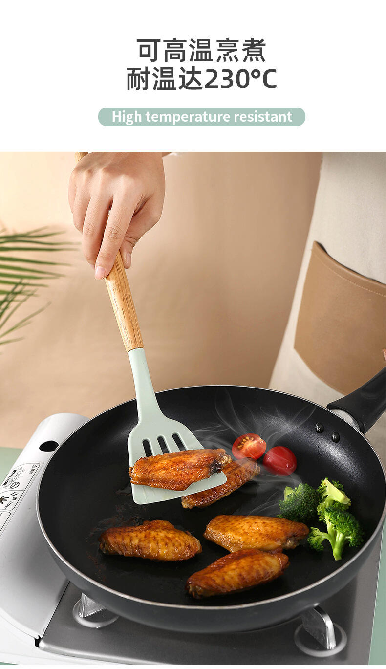 product heat resistance wooden handle non stick silicone utensil set for kitchen cooking spoons spatulas utensil set accessories-36