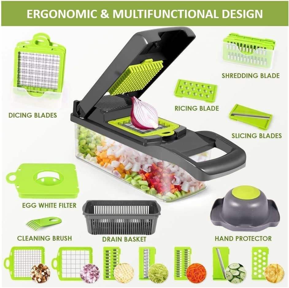 product new premium multifunctional fruit  vegetable chopper with 8 blades  container 12 in 1 manual food cutter slicer dicer  grater-32