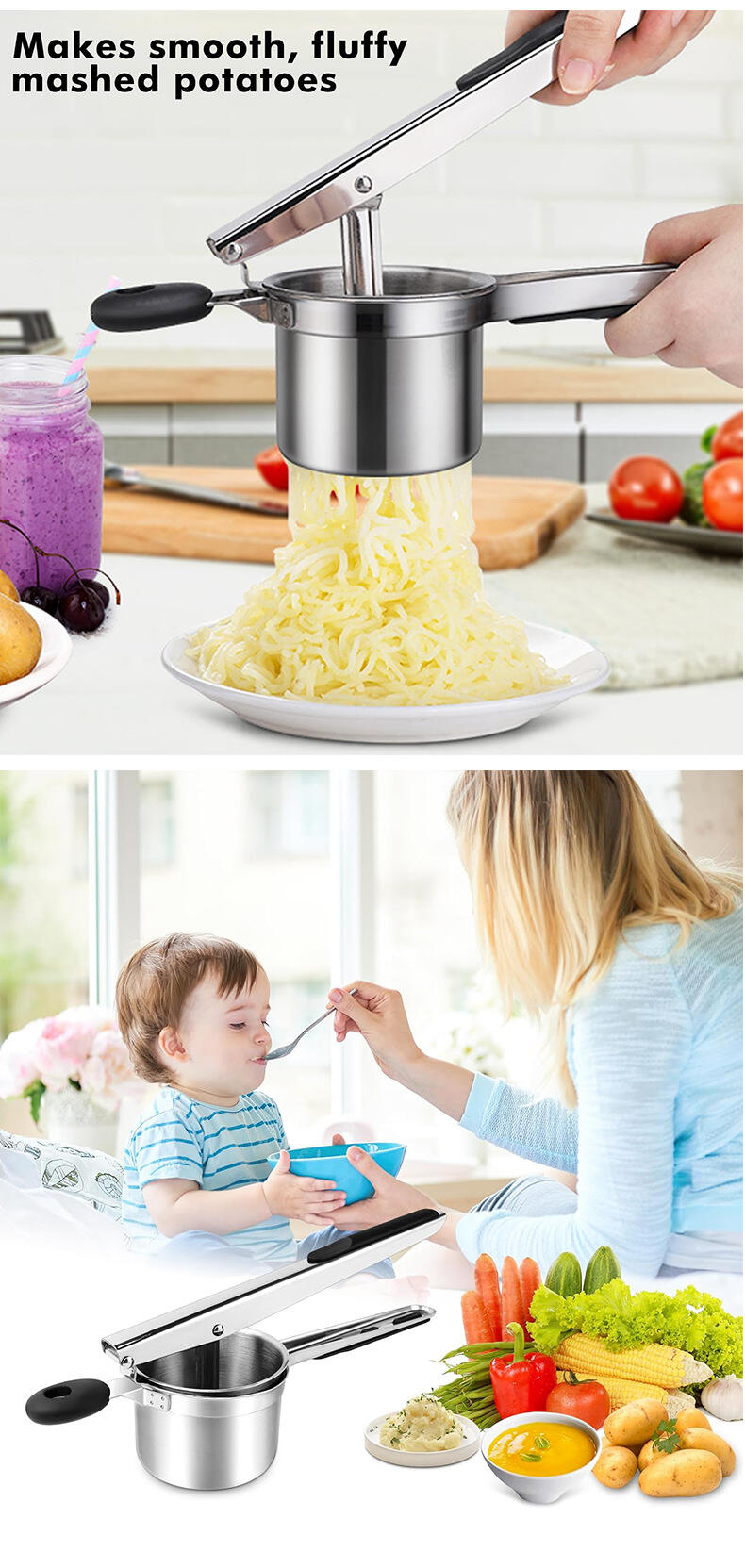 Produkt langlebige Spaghettipresse aus Edelstahl Kartoffelstampfer Reispresse mit 3 Lochscheiben für Babynahrung gekochtes Obst Gemüse-38