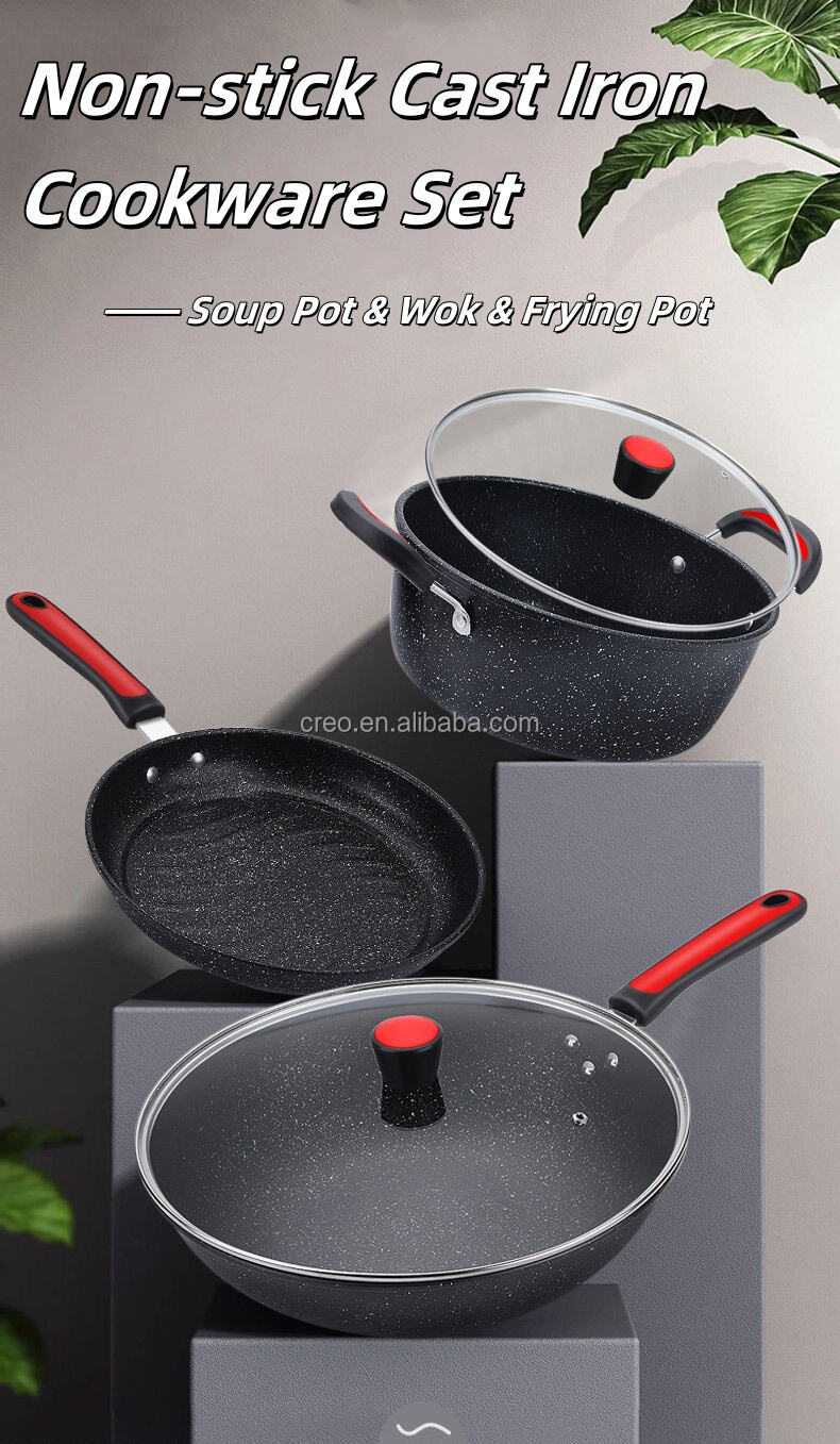 product upgraded 3 pack non stick cast iron pots kitchen cookware set with anti scald handle  glass cover soup pot skillets wok-31