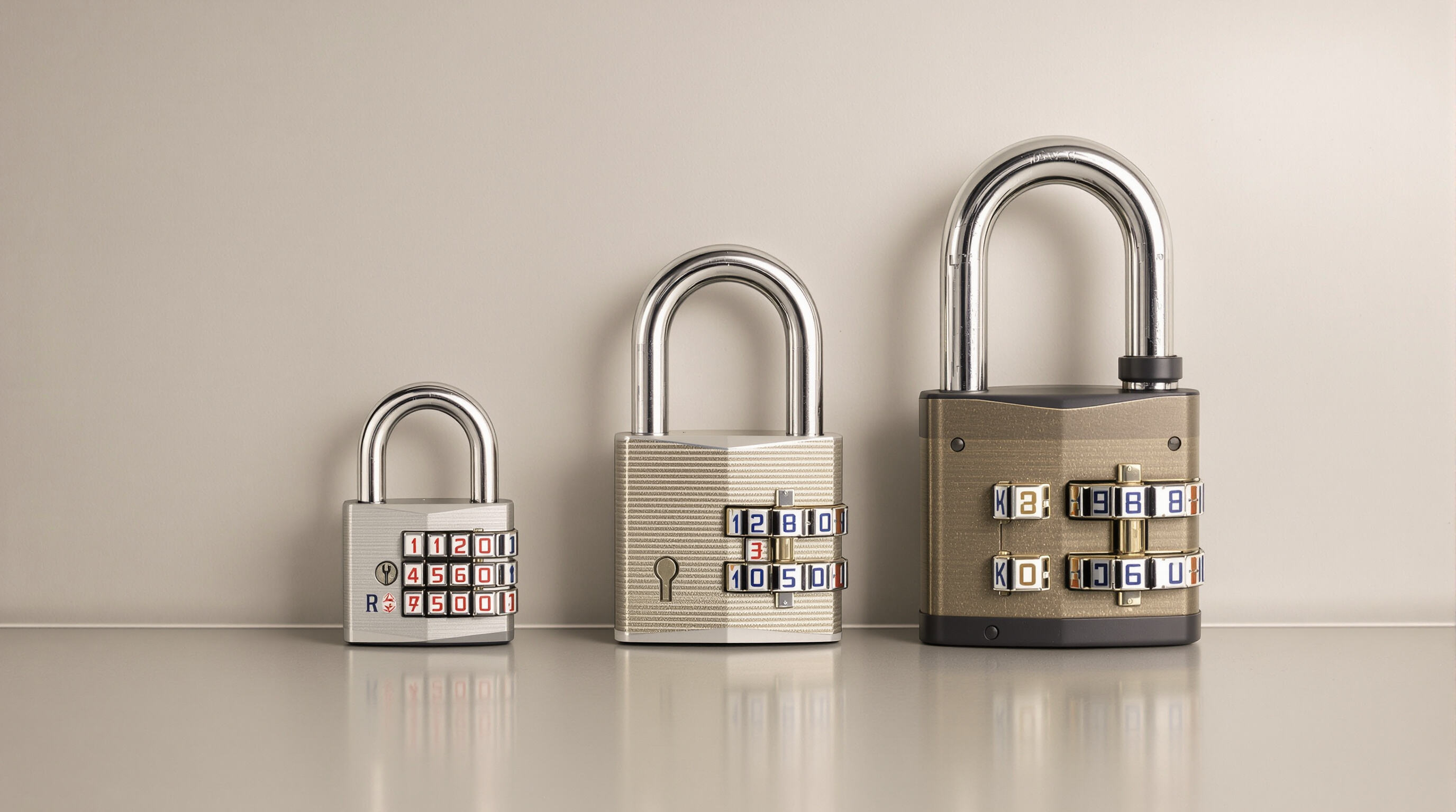Three types of combination padlocks—travel, gym, and industrial—displayed side by side on a neutral surface