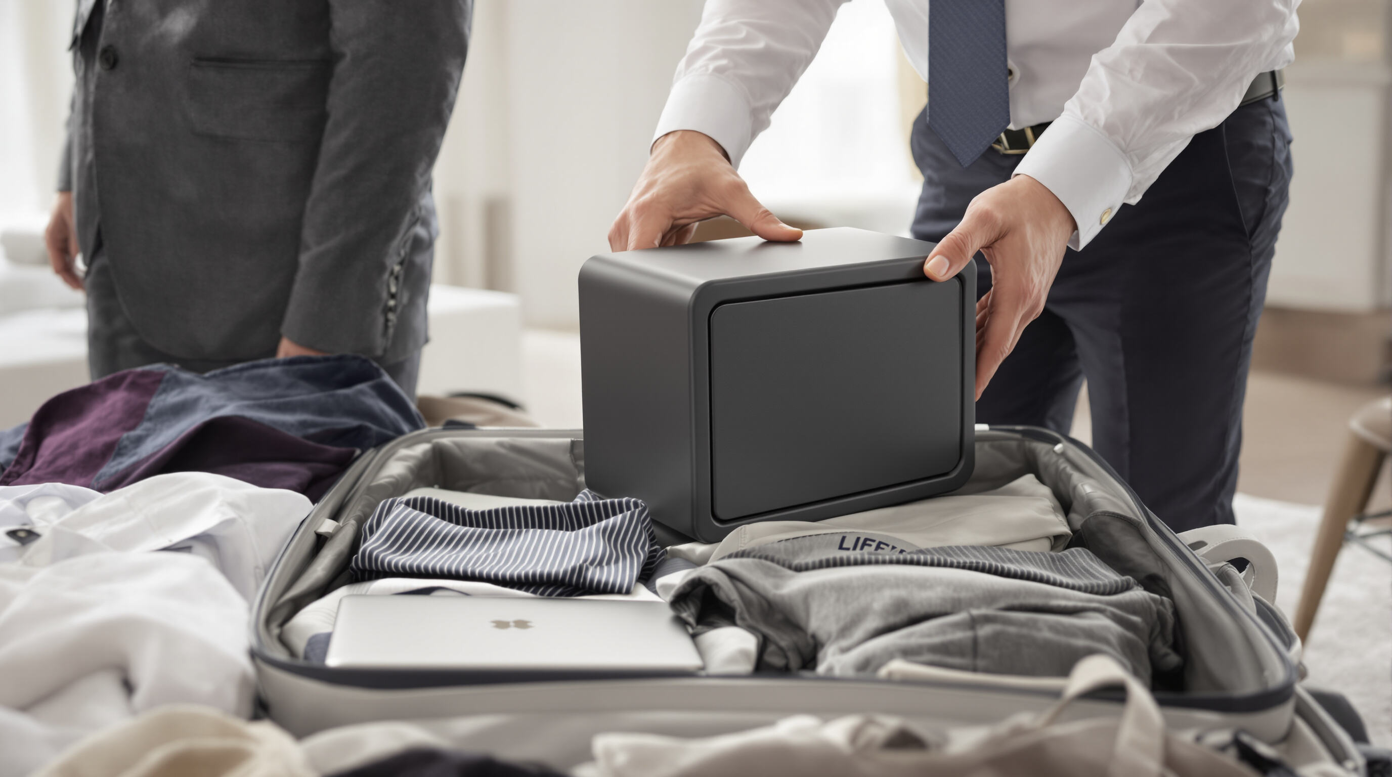 Photorealistic image of a business traveler fitting a slim portable safe box into a carry-on suitcase with clothes and electronics