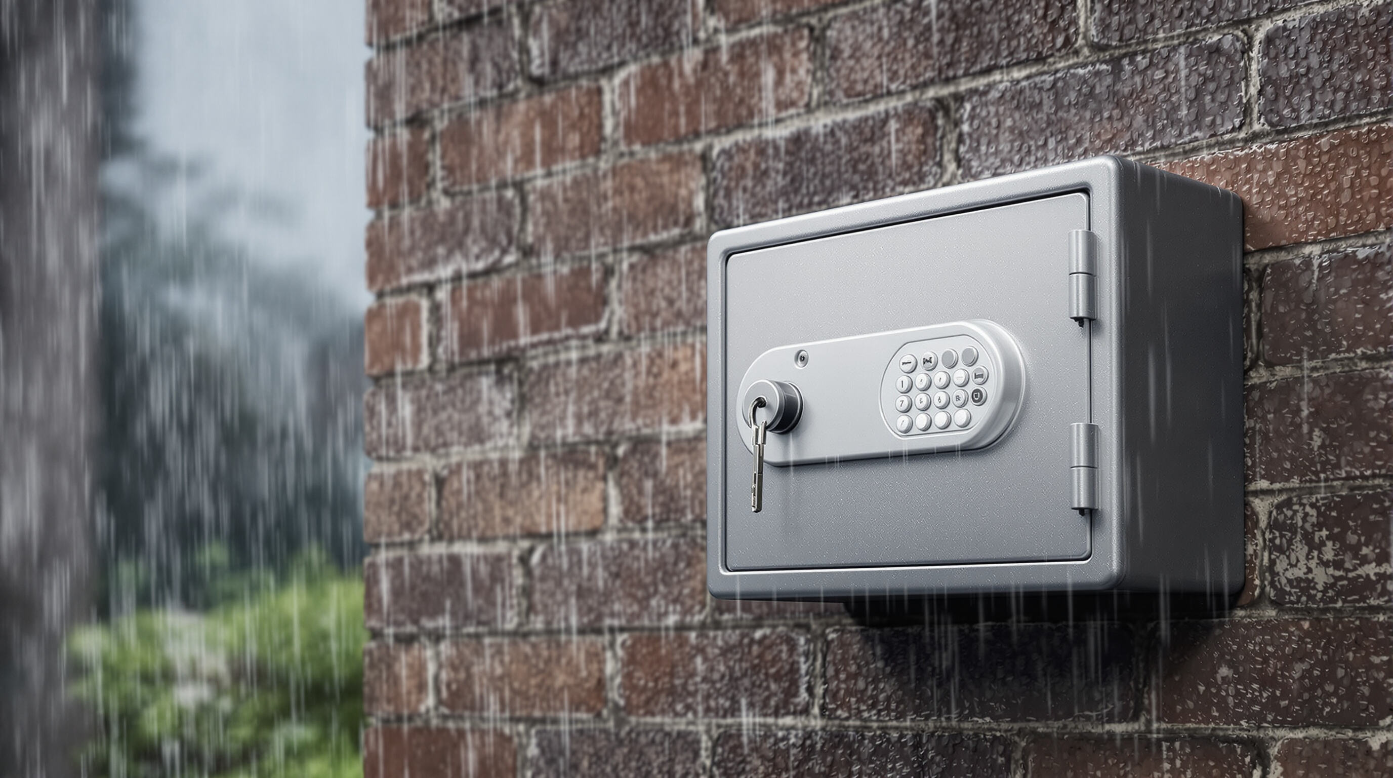 Photograph of a metal key safe lock box on a wet exterior brick wall during heavy rain, emphasizing its weatherproof build and water resistance.