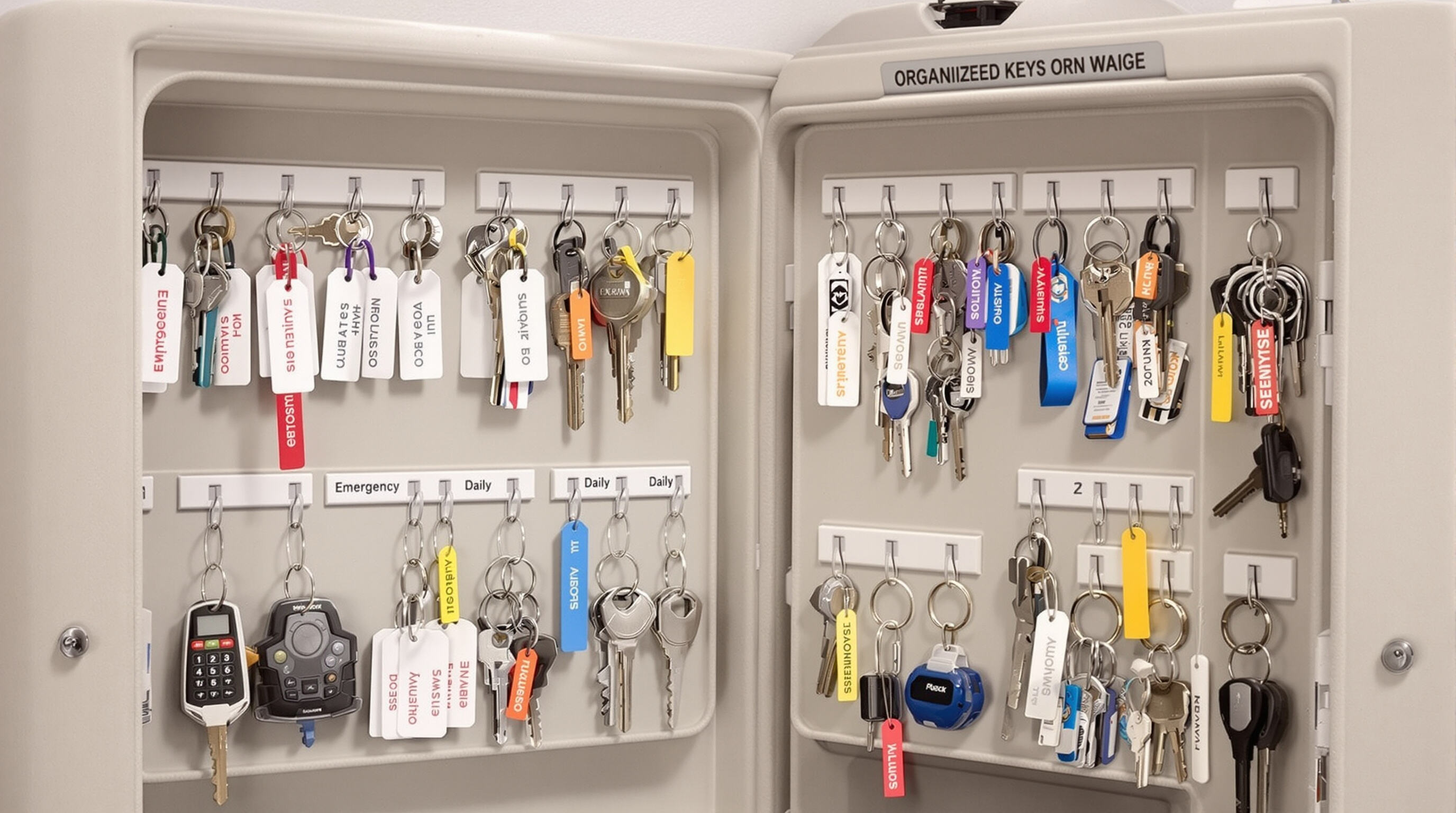 Inside view of a key safe showing keys arranged with color-coded tags and organized compartments.