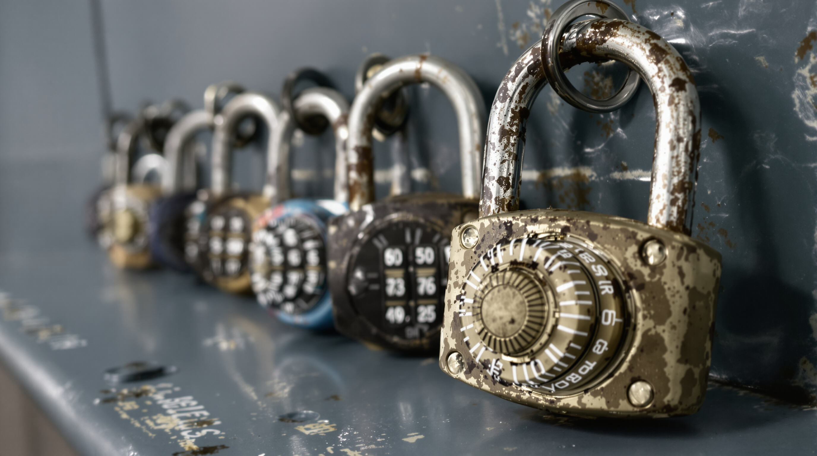 Close-up of advanced combination padlocks with textured dials and corrosion-resistant finishes on a gym bench