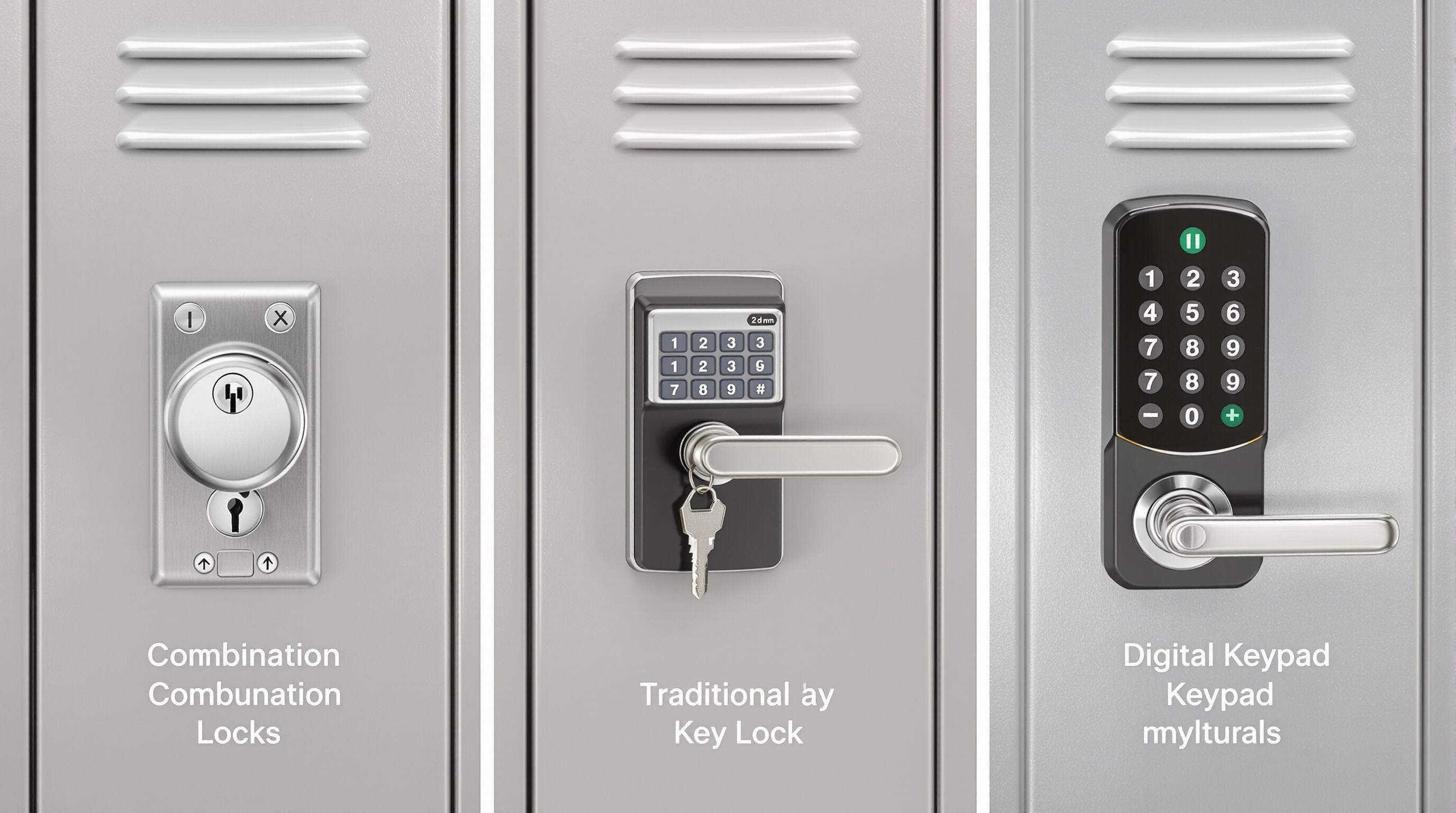 Combination, key, and digital padlocks attached to adjacent gym lockers for visual comparison