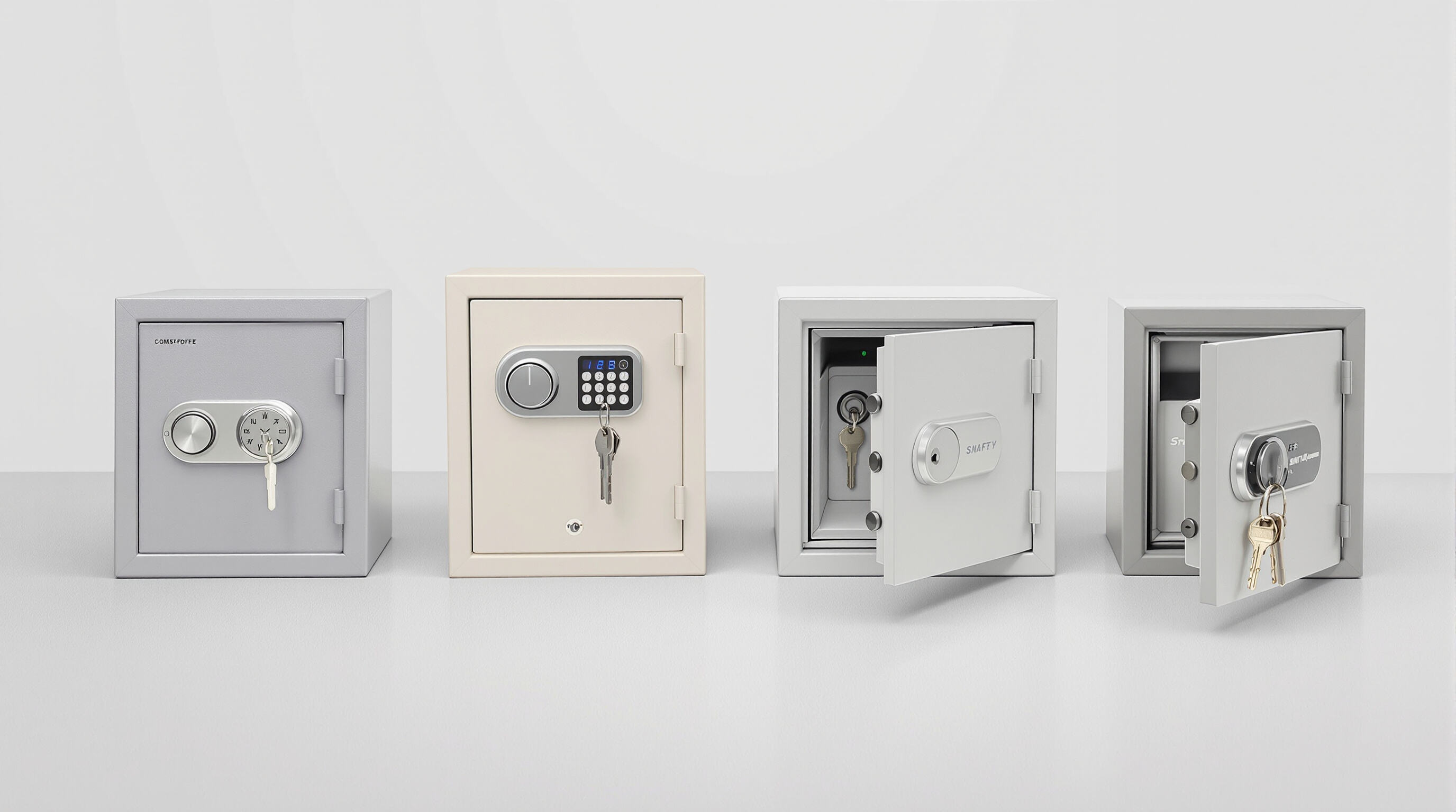 Various types of key safes including mechanical, digital, smart, and portable models displayed side by side.