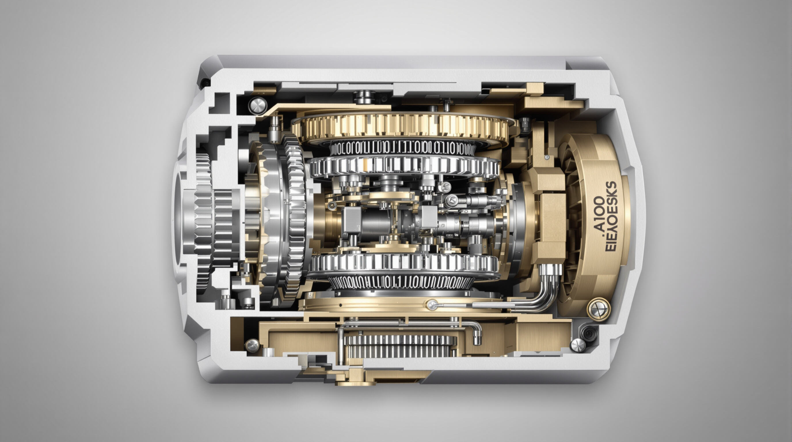 Photorealistic cutaway of a combination padlock revealing wheel discs and internal locking mechanism