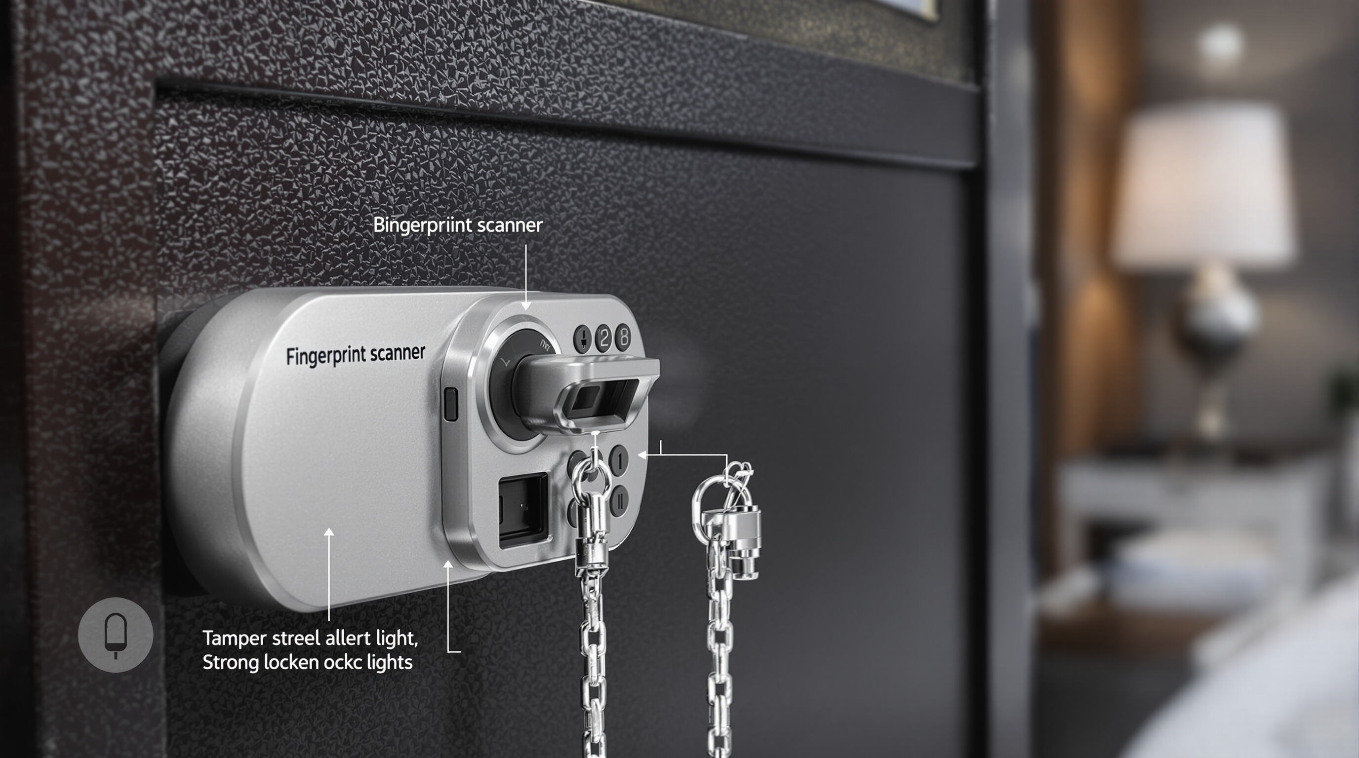 Photorealistic close-up of a secure portable safe box featuring biometric lock, combination lock, reinforced steel, tamper alert, and locking cable