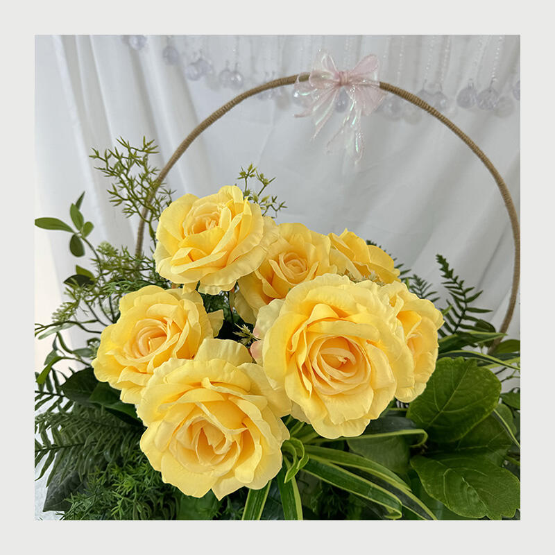 product qyy high quality silk artificial flowers beautiful light yellow bunch of 7 coral roses for scene decorations low price wholesale-53