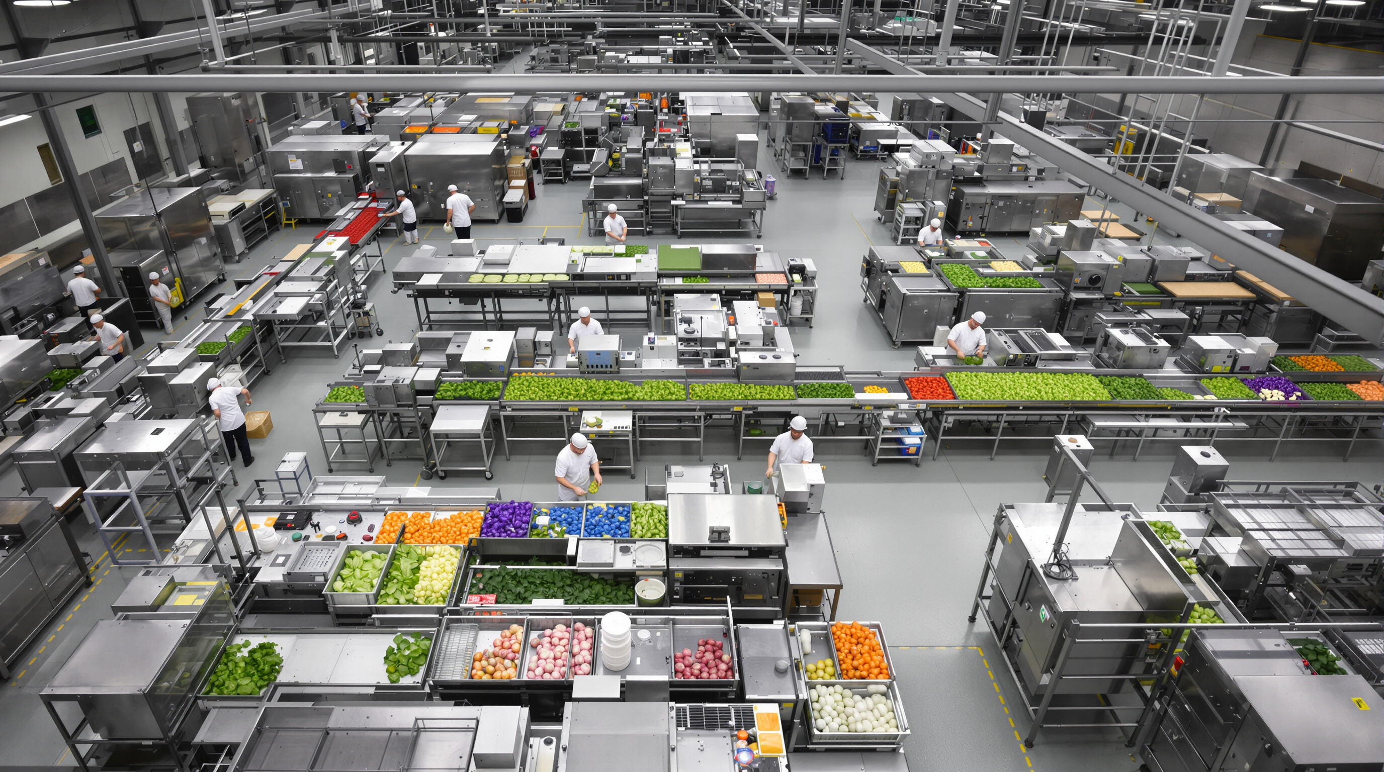 A commercial kitchen with various vegetable processing machines and staff working at different stations