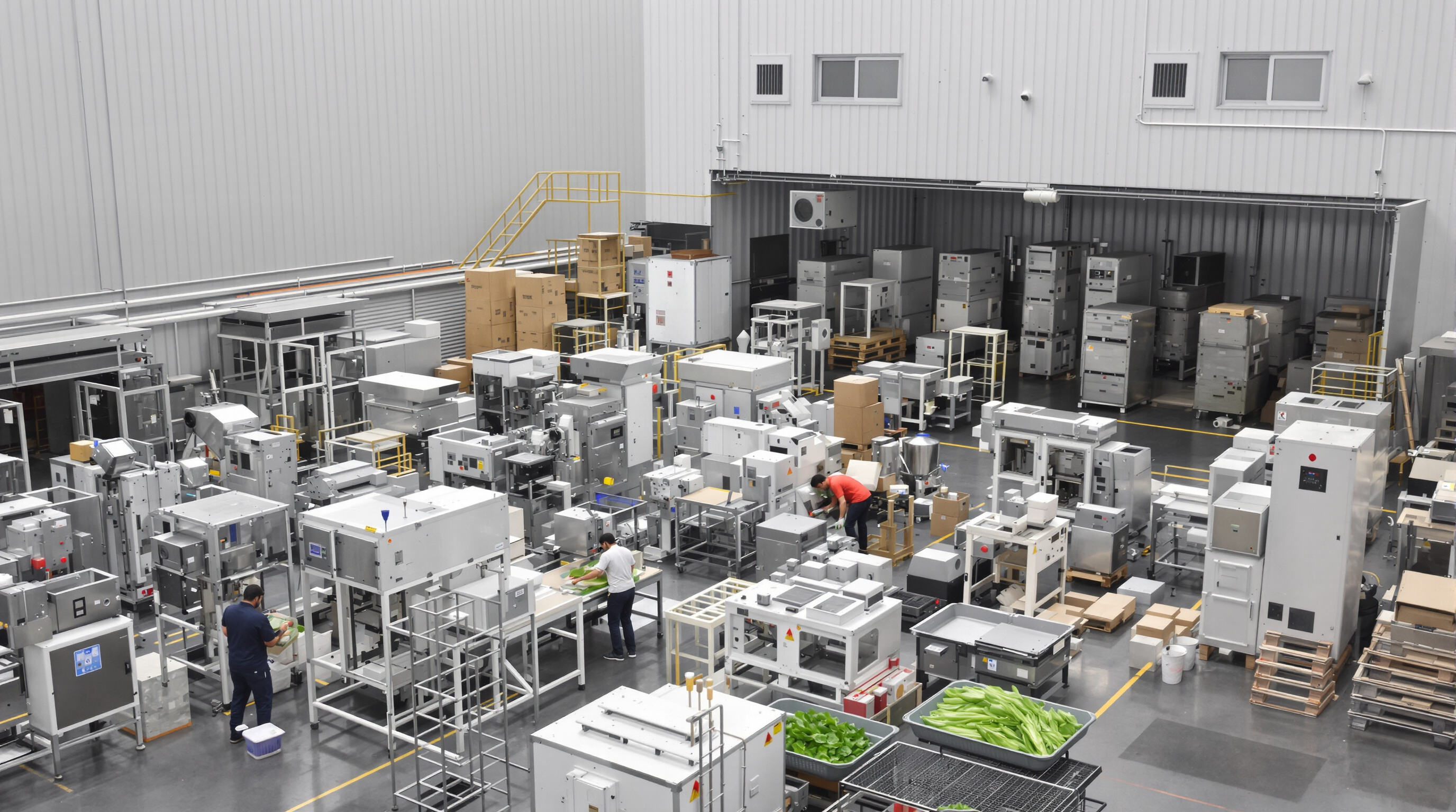 Factory workers organizing modular vegetable processing machines in a space-efficient plant with vertical stacking