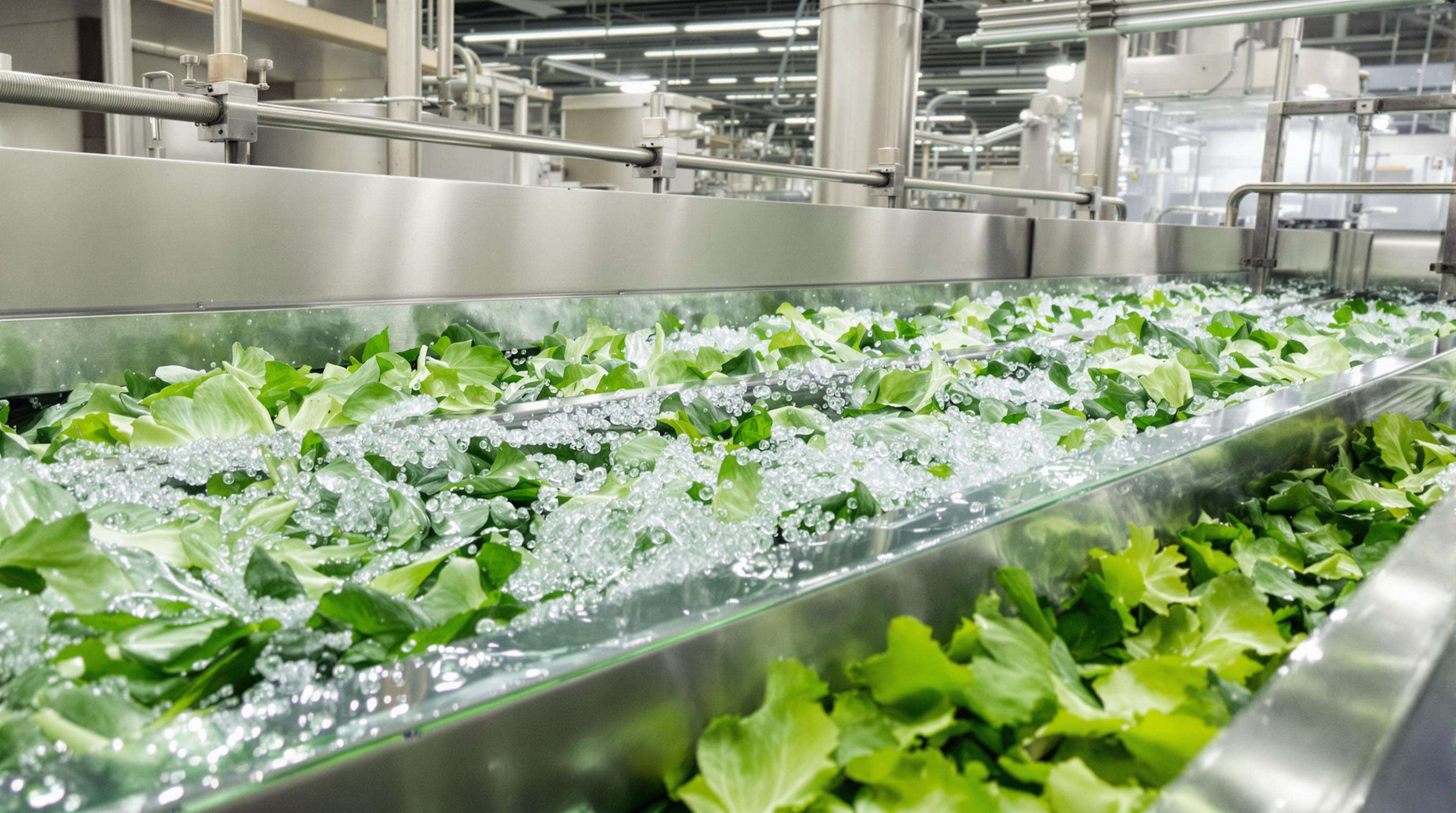 Modern food processing line with leafy greens passing through a double vortex washing system using ozone