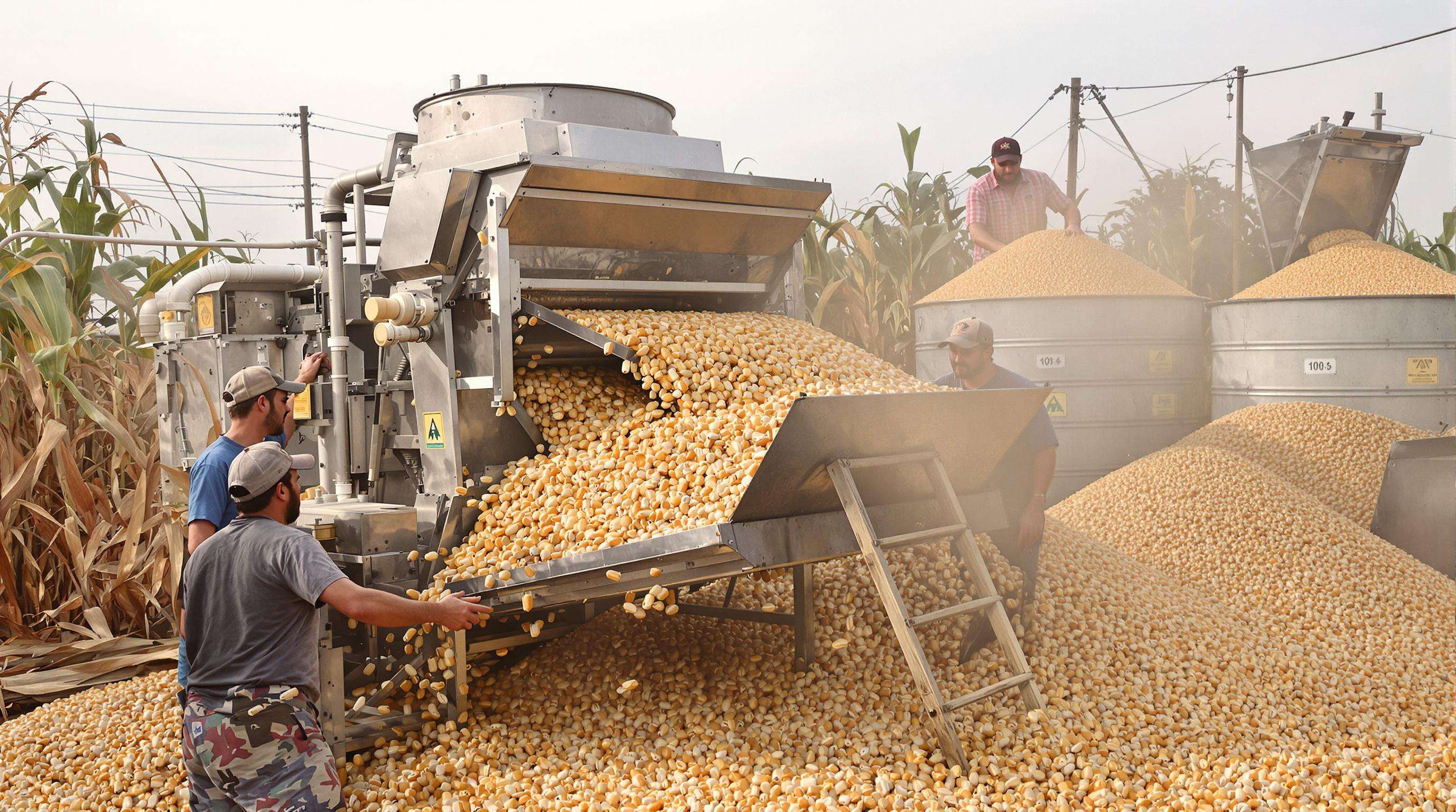 A sweet corn shelling machine efficiently extracting kernels on a farm with bins filling, supervised by workers.