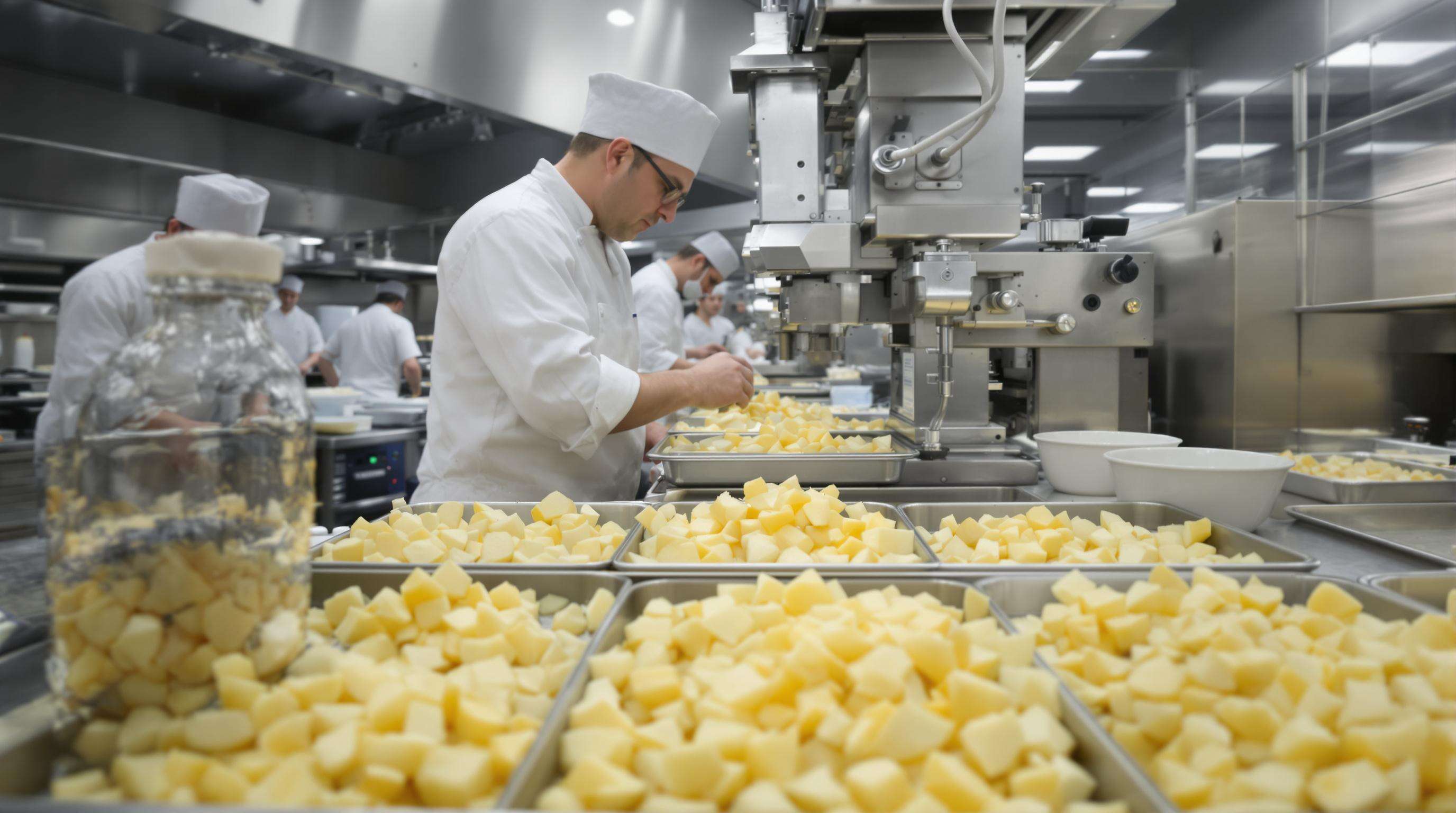 Commercial kitchen scene with chefs using a stainless steel potato dicing machine, highlighting efficient and uniform food prep workflows