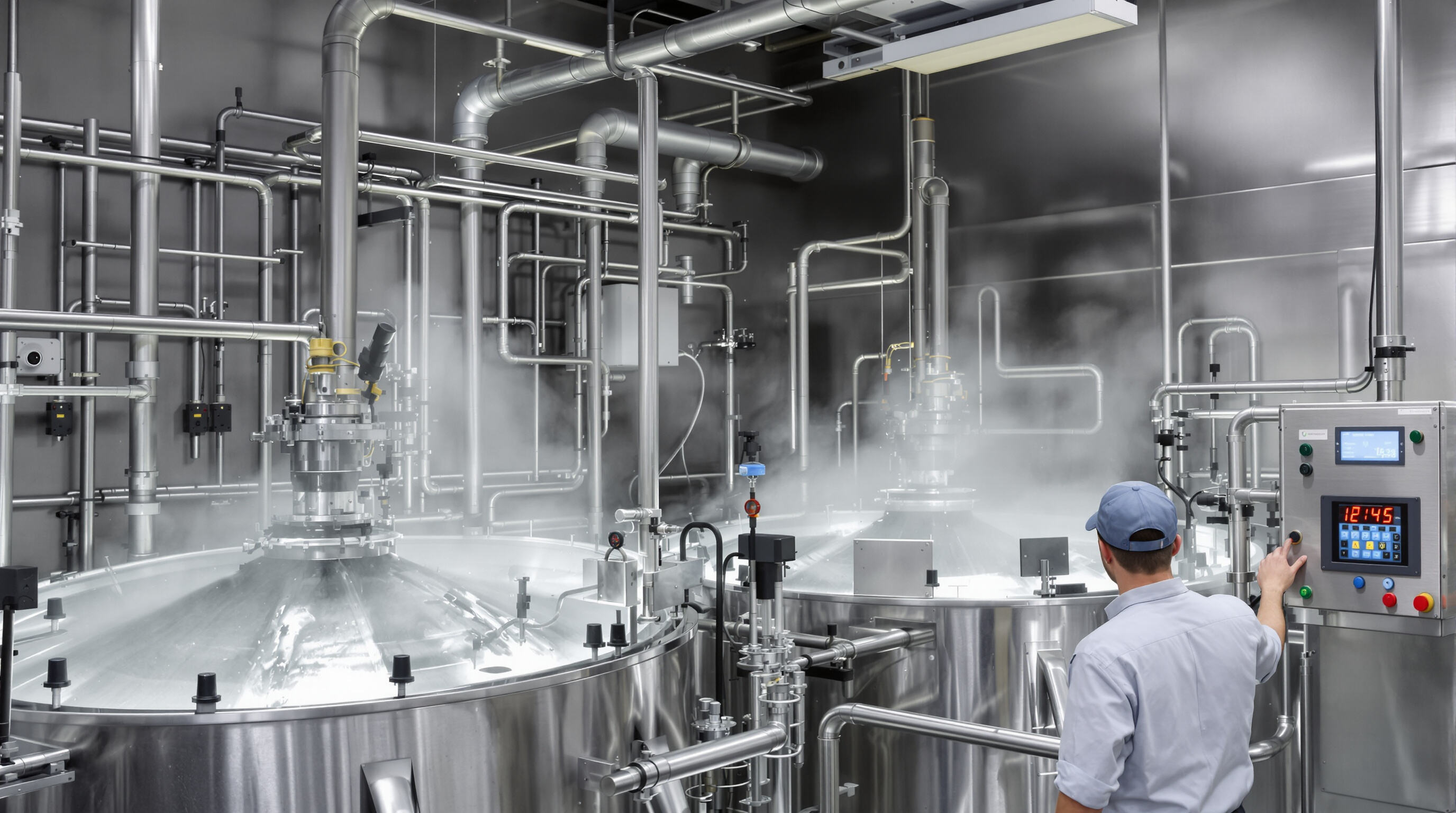 Automated CIP cleaning system in a modern seafood plant with stainless steel equipment and visible spray jets