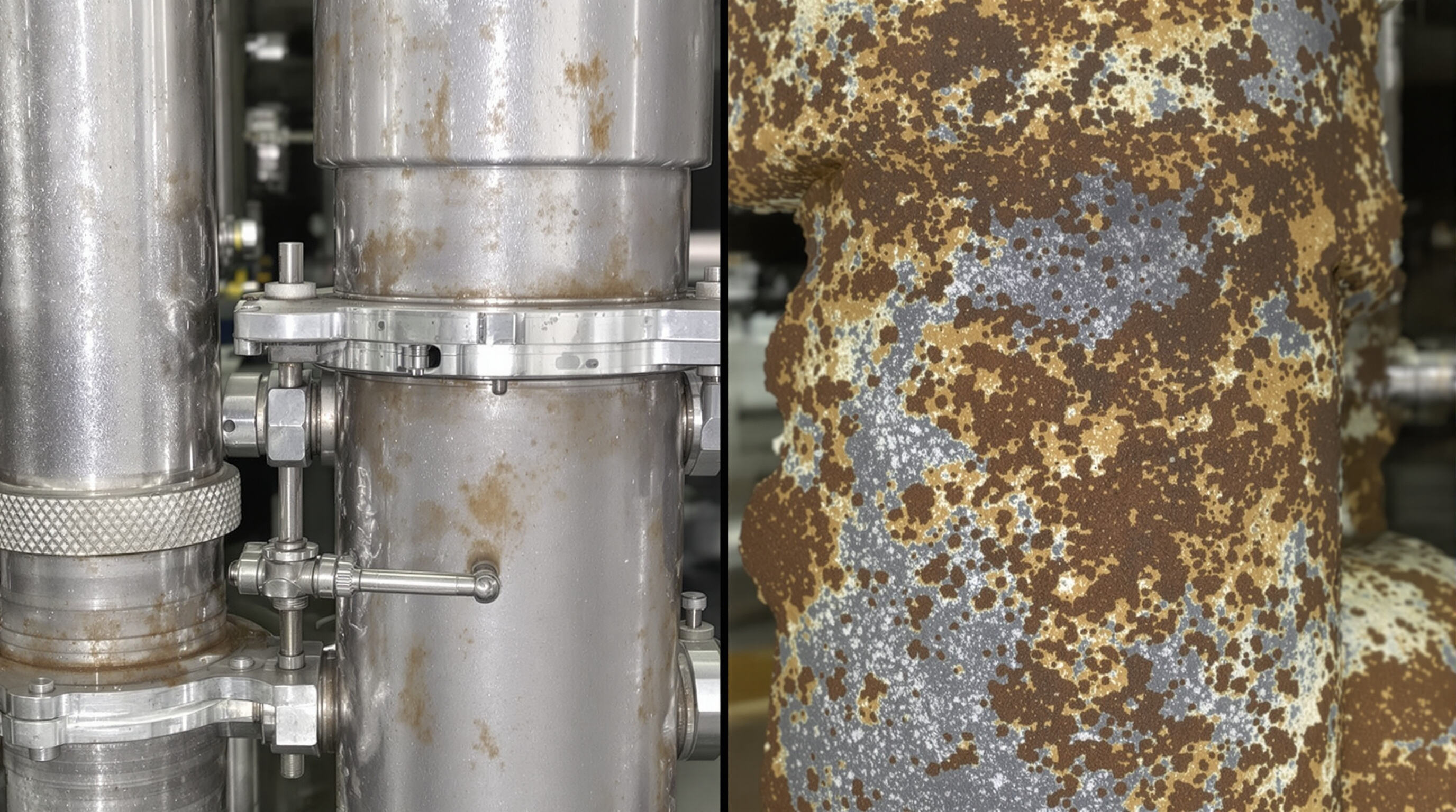 Close-up of stainless steel and corroded carbon steel parts in aquatic equipment showing durability differences
