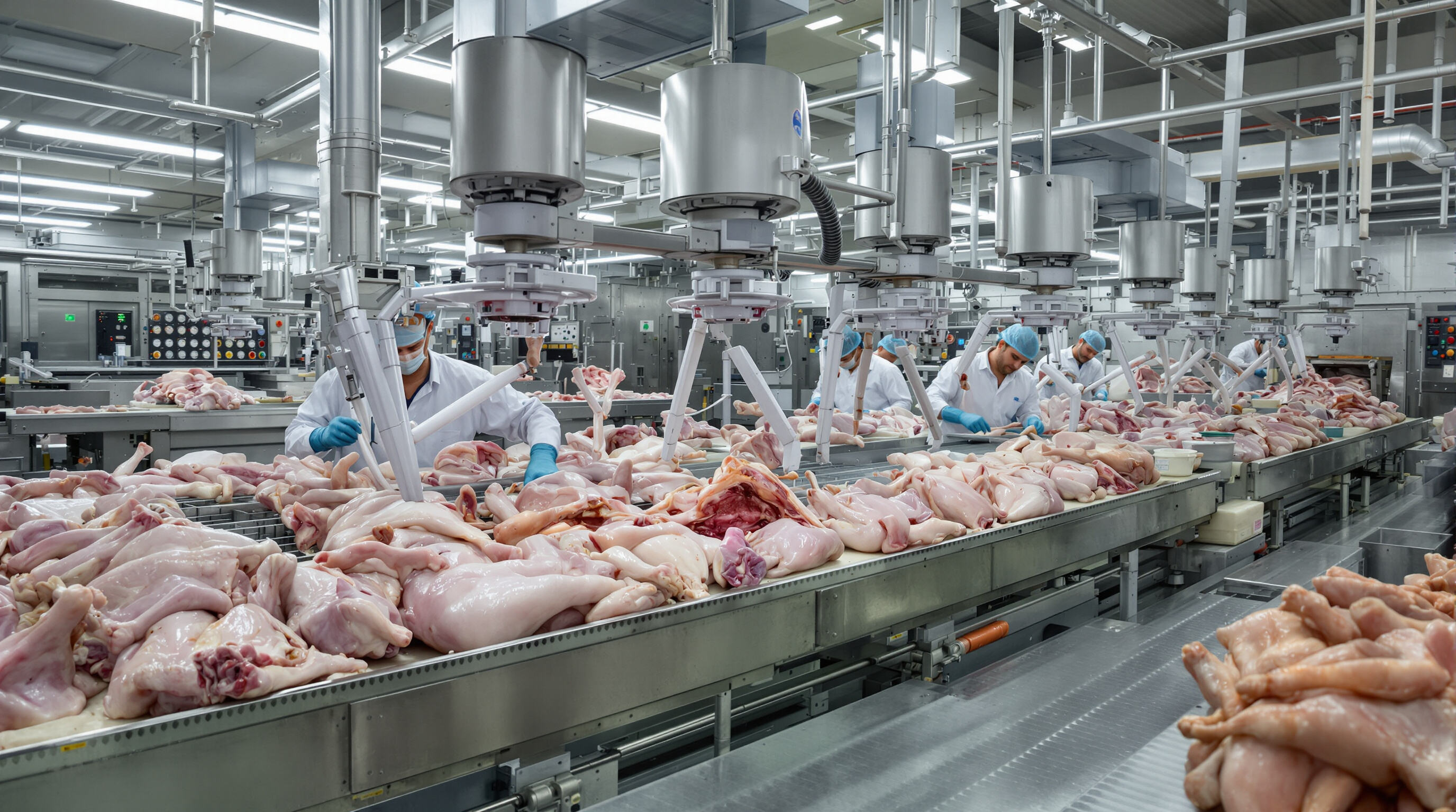Robotic poultry processing equipment operating on evisceration lines in a modern facility