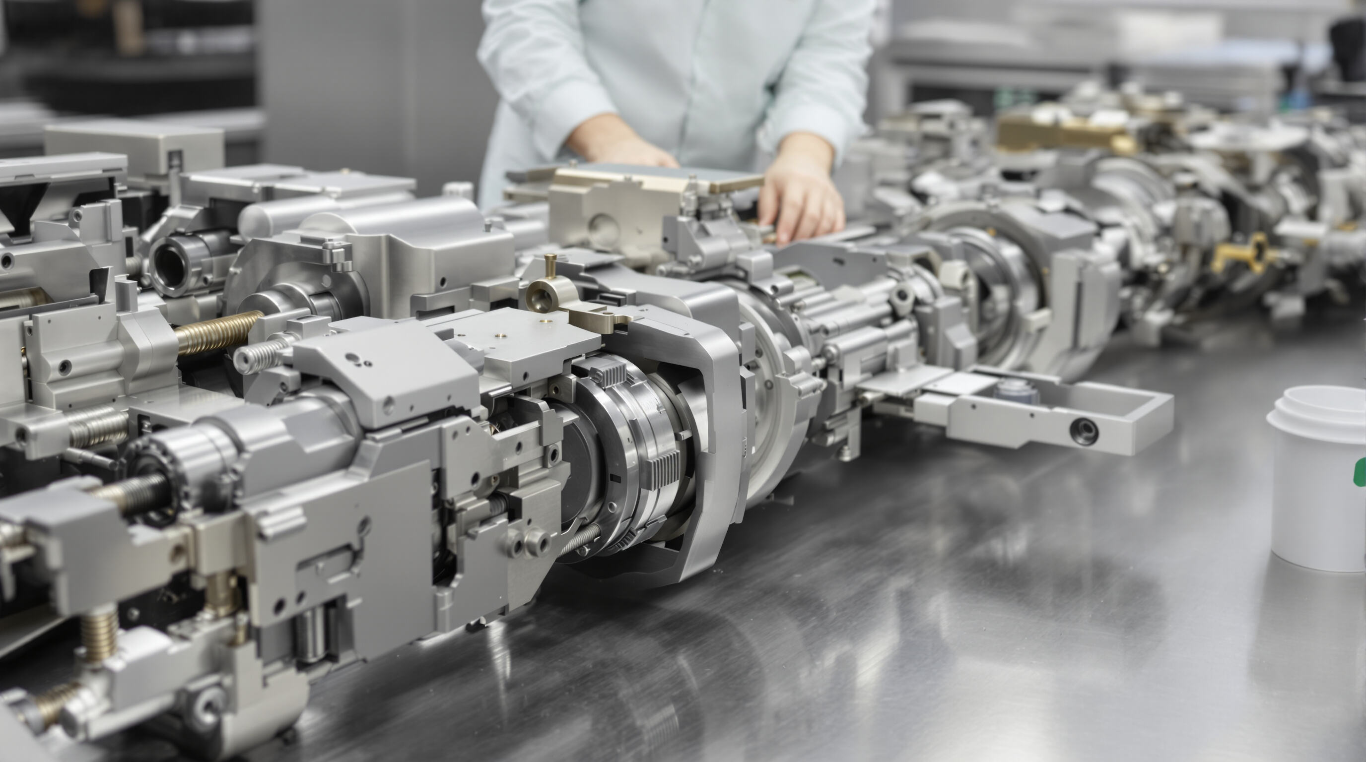 Technician deeply cleaning disassembled meat processing machinery to reach critical and hidden components