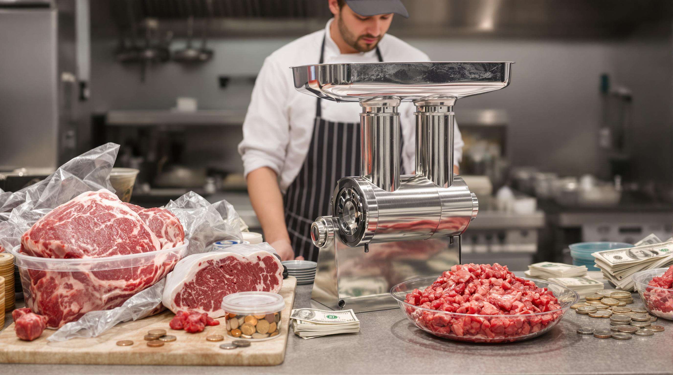 Chef using a meat grinder in a restaurant kitchen with beef cuts and ground meat emphasizing cost savings.