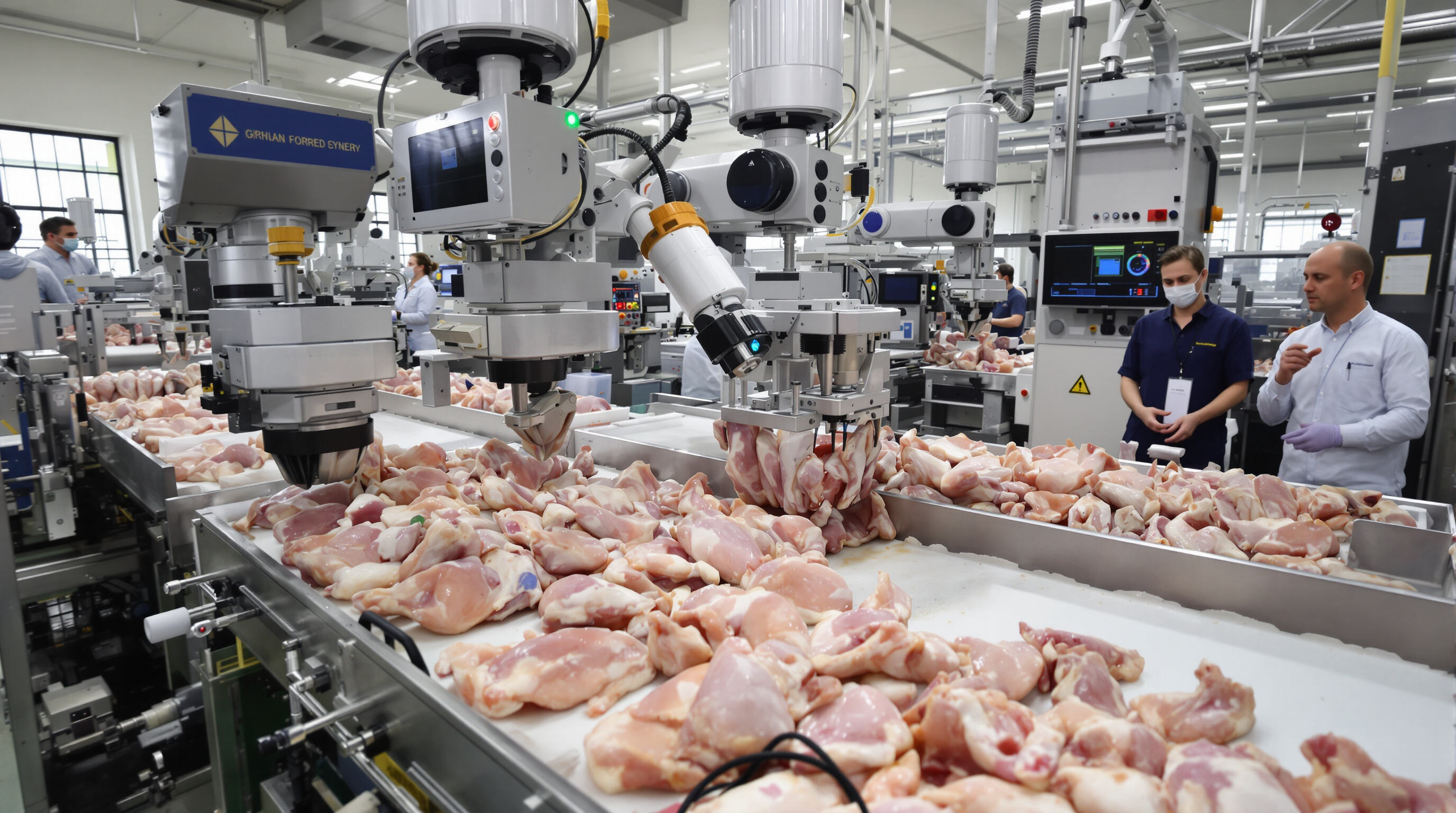 Robots and AI-guided equipment deboning and portioning chicken on a modern poultry processing line