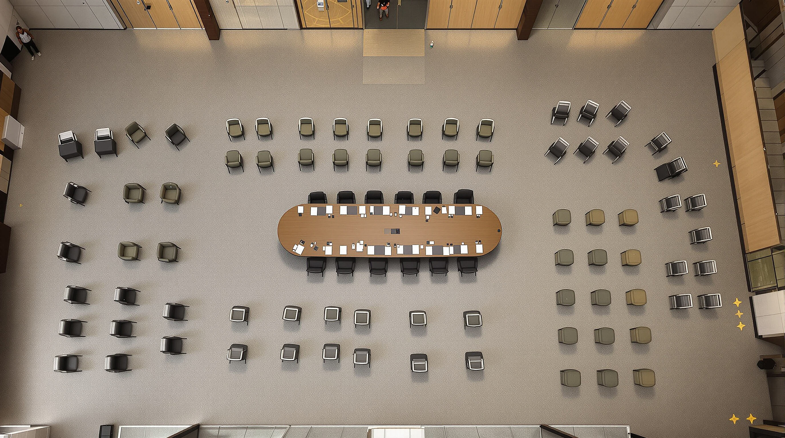 Overhead photo of a large conference room set up with different seating layouts and spaced chairs