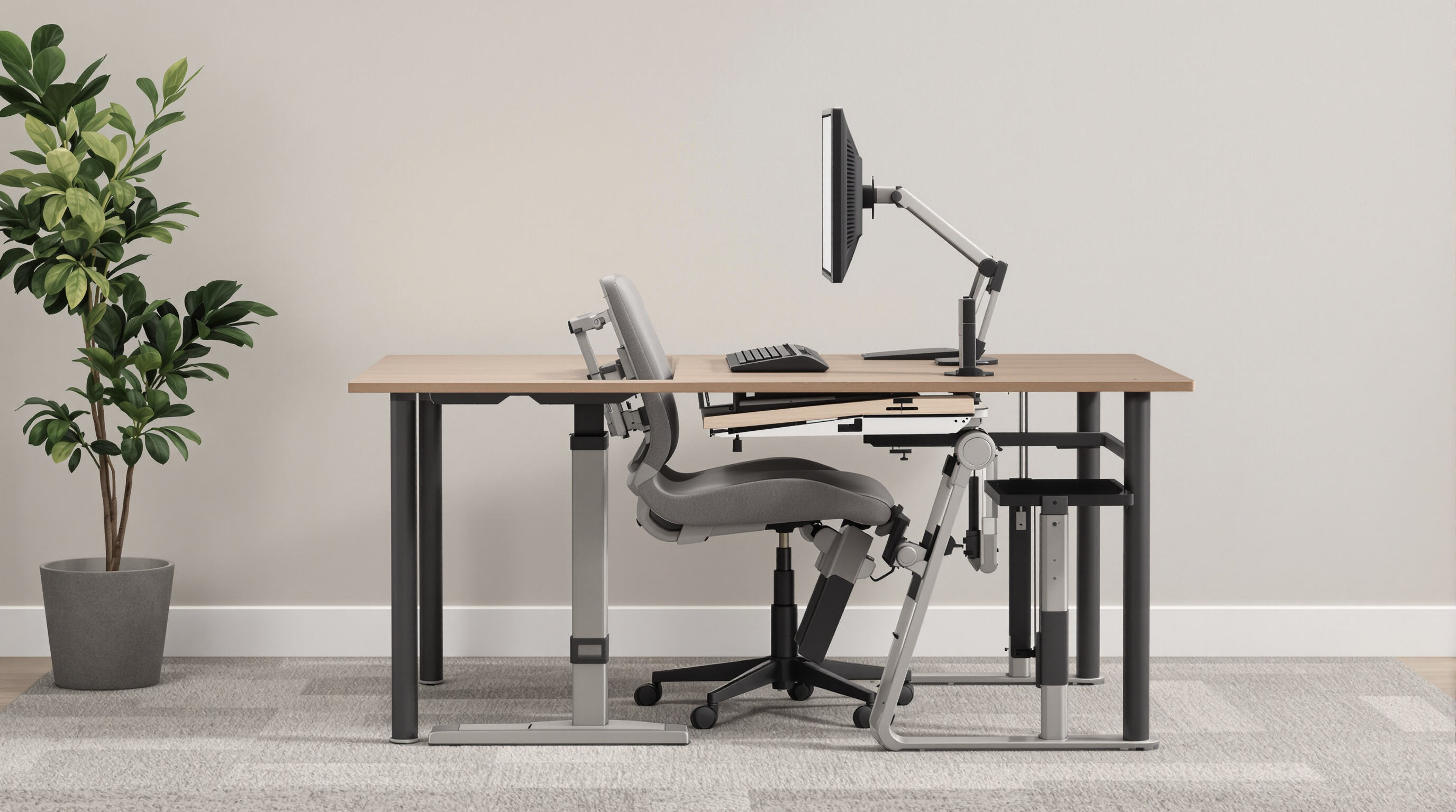 Ergonomic computer workstation showing proper alignment of chair, desk, and monitor