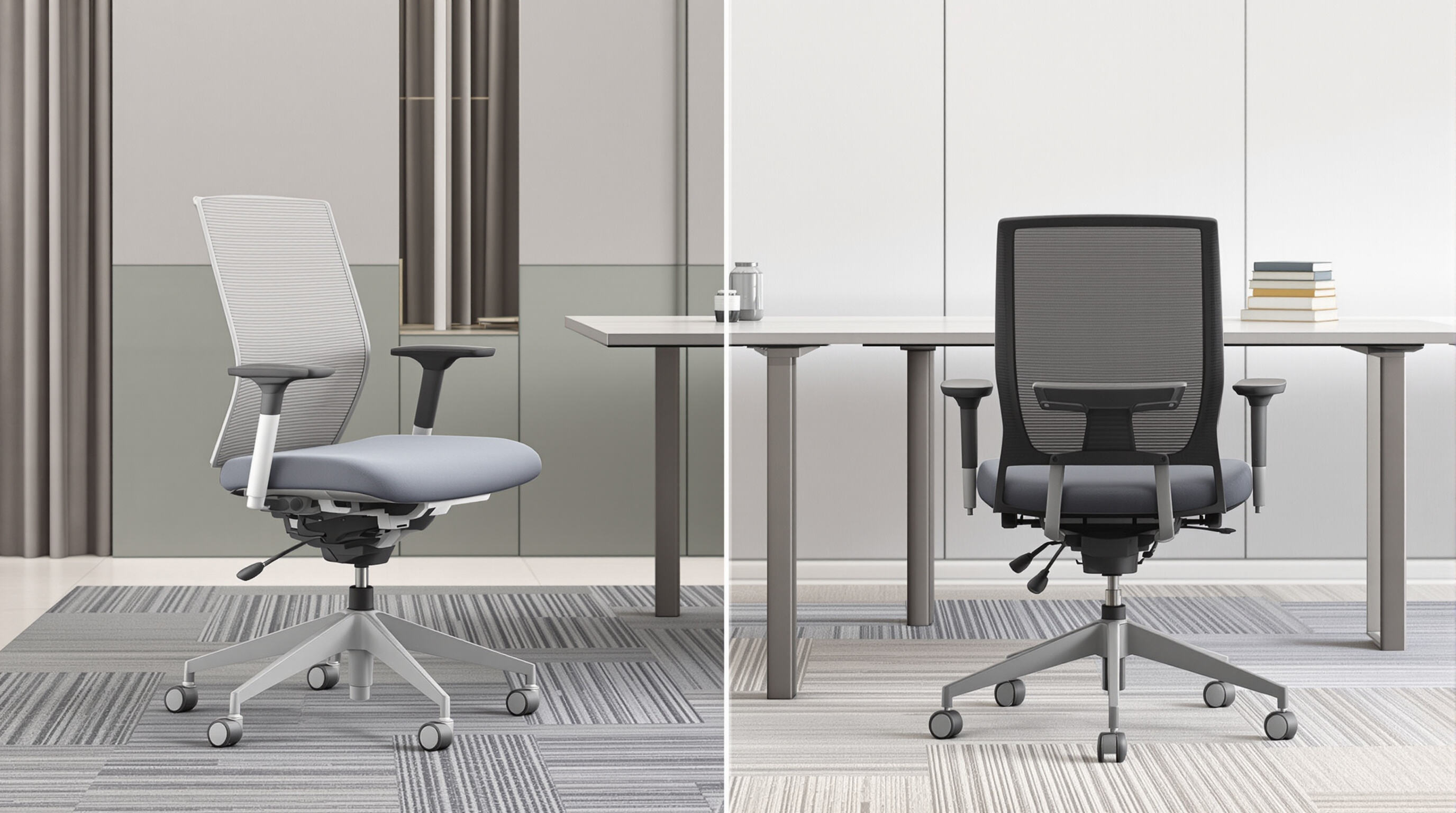 Photorealistic image of ergonomic conference chairs emphasizing comfort features in a boardroom