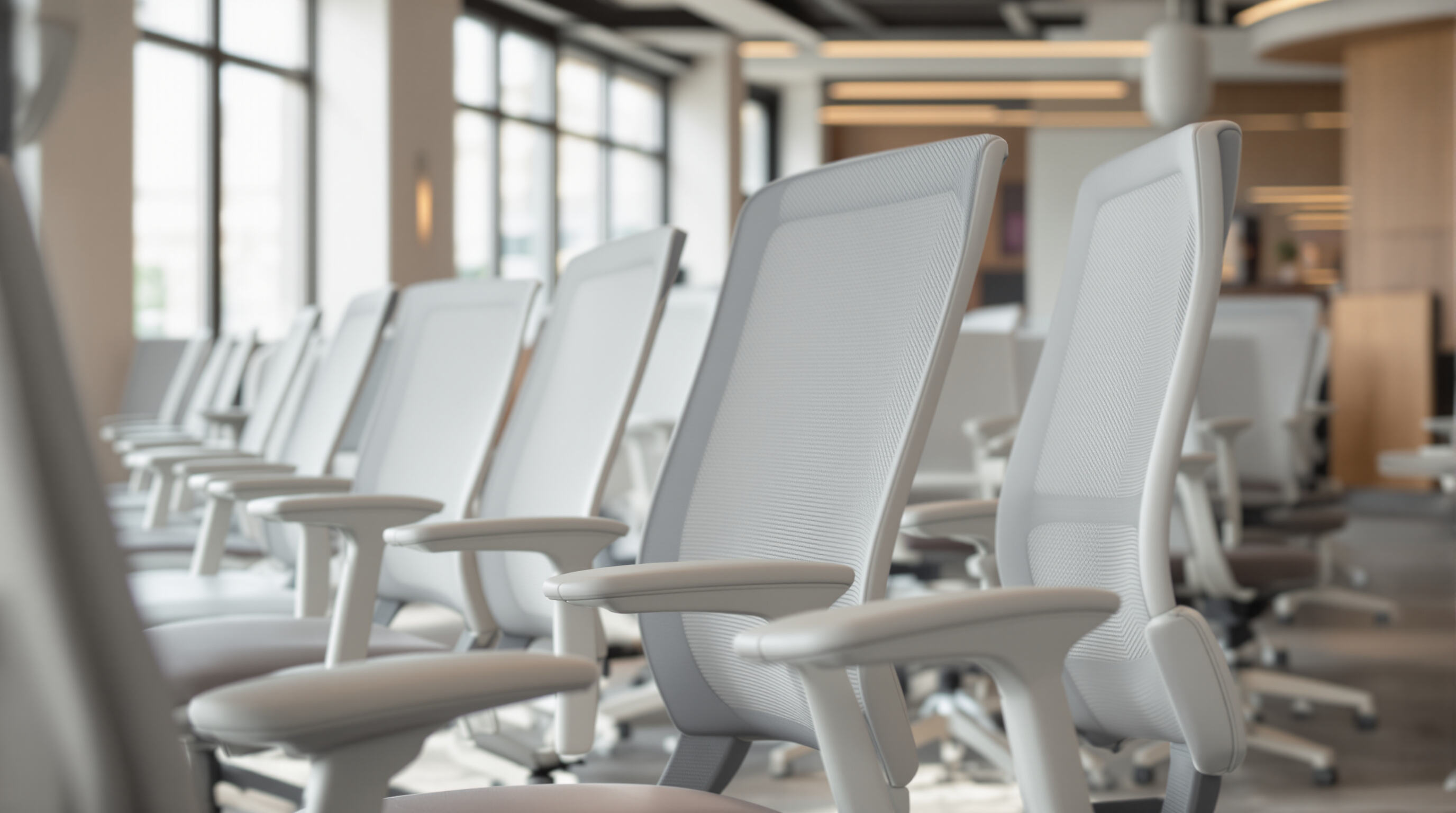 Ergonomic conference chairs in a sunlit boardroom, highlighting lumbar and arm support