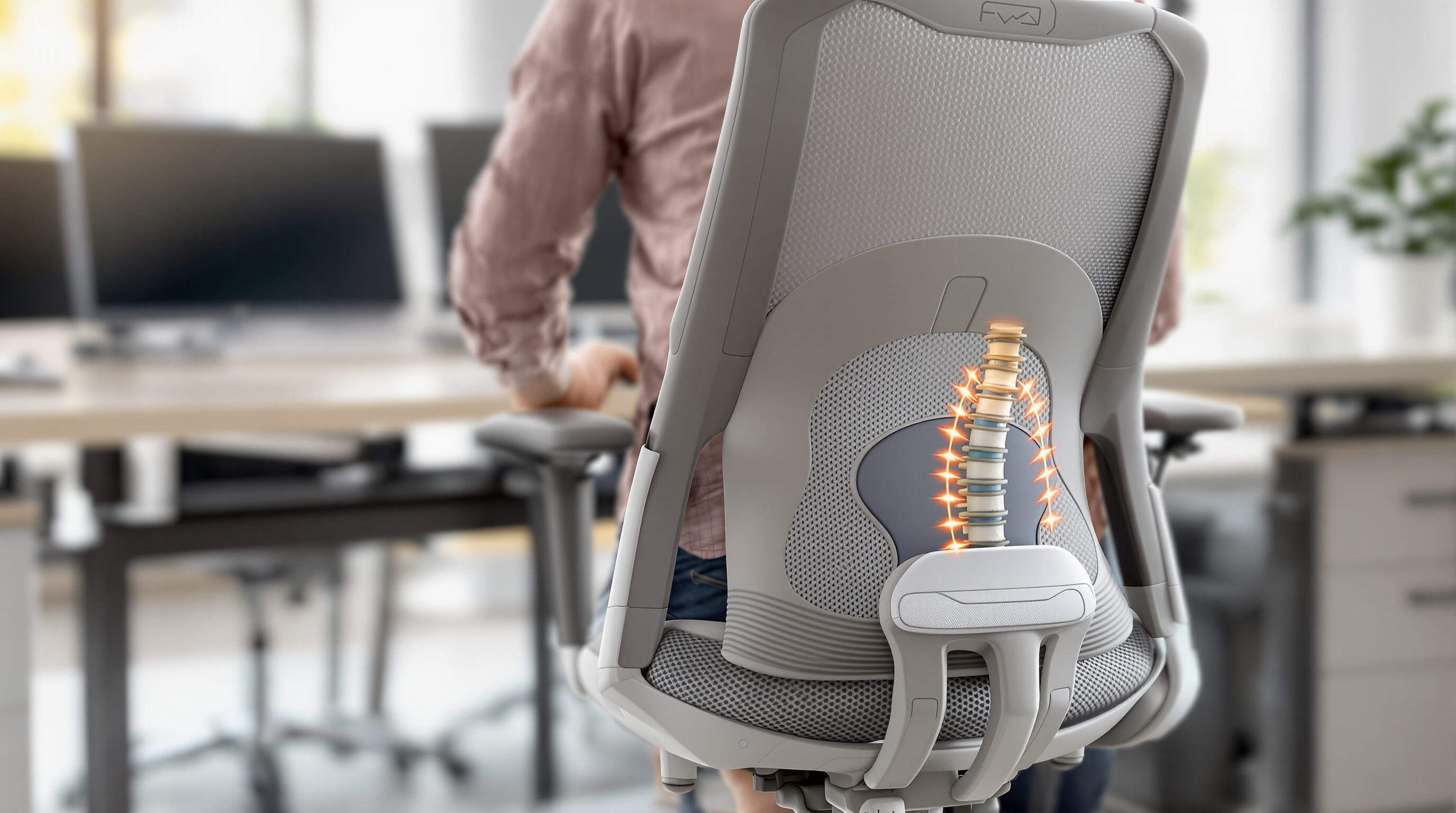Photorealistic image showing an ergonomic office chair supporting a person's lower back and maintaining spinal alignment