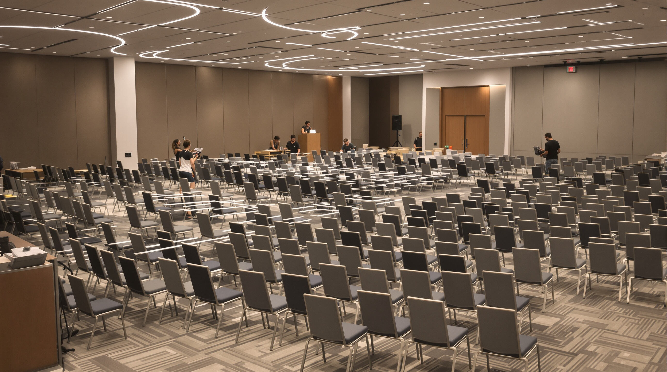 Staff reconfiguring modular conference chairs in a large flexible meeting space