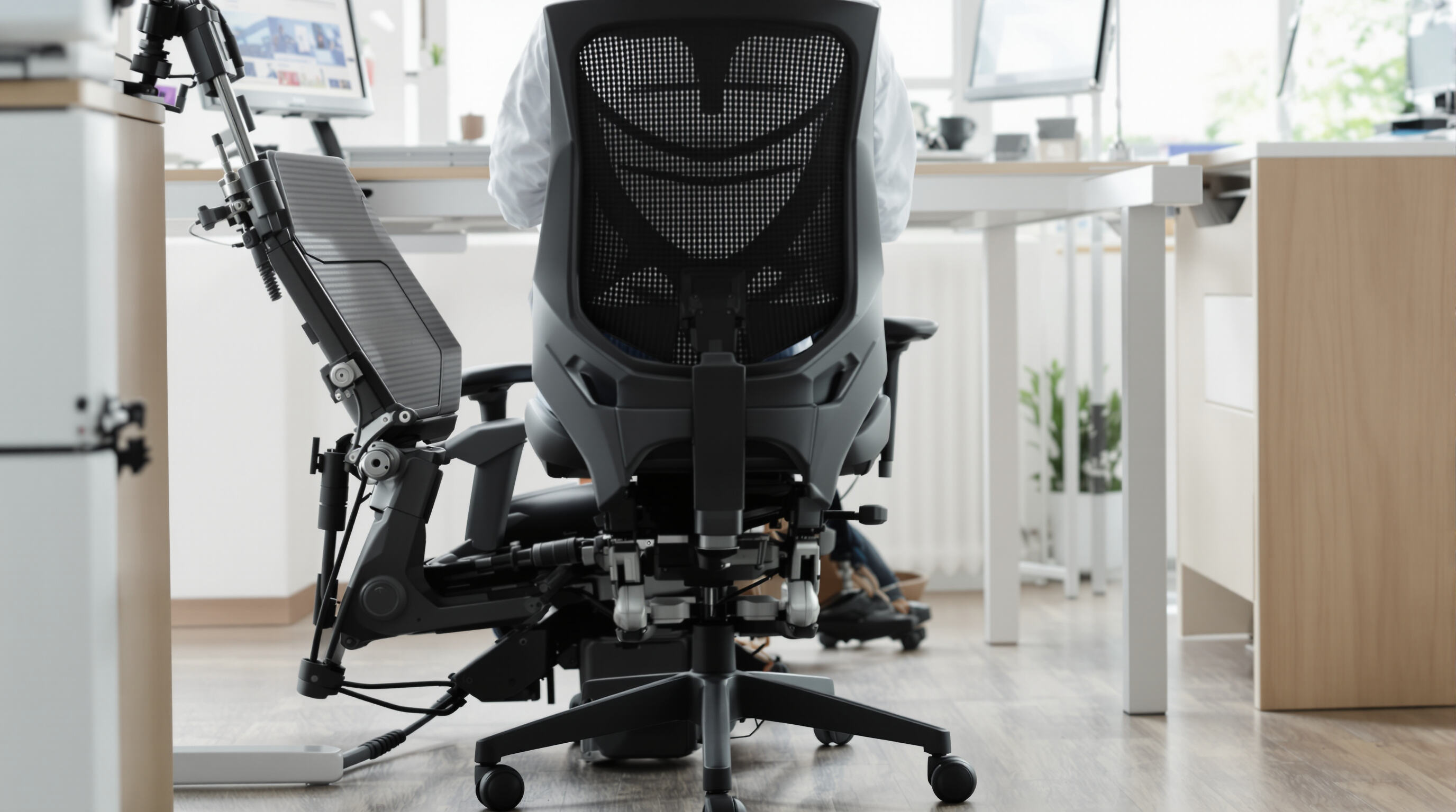 Person adjusting office chair height and seat depth for proper posture and circulation