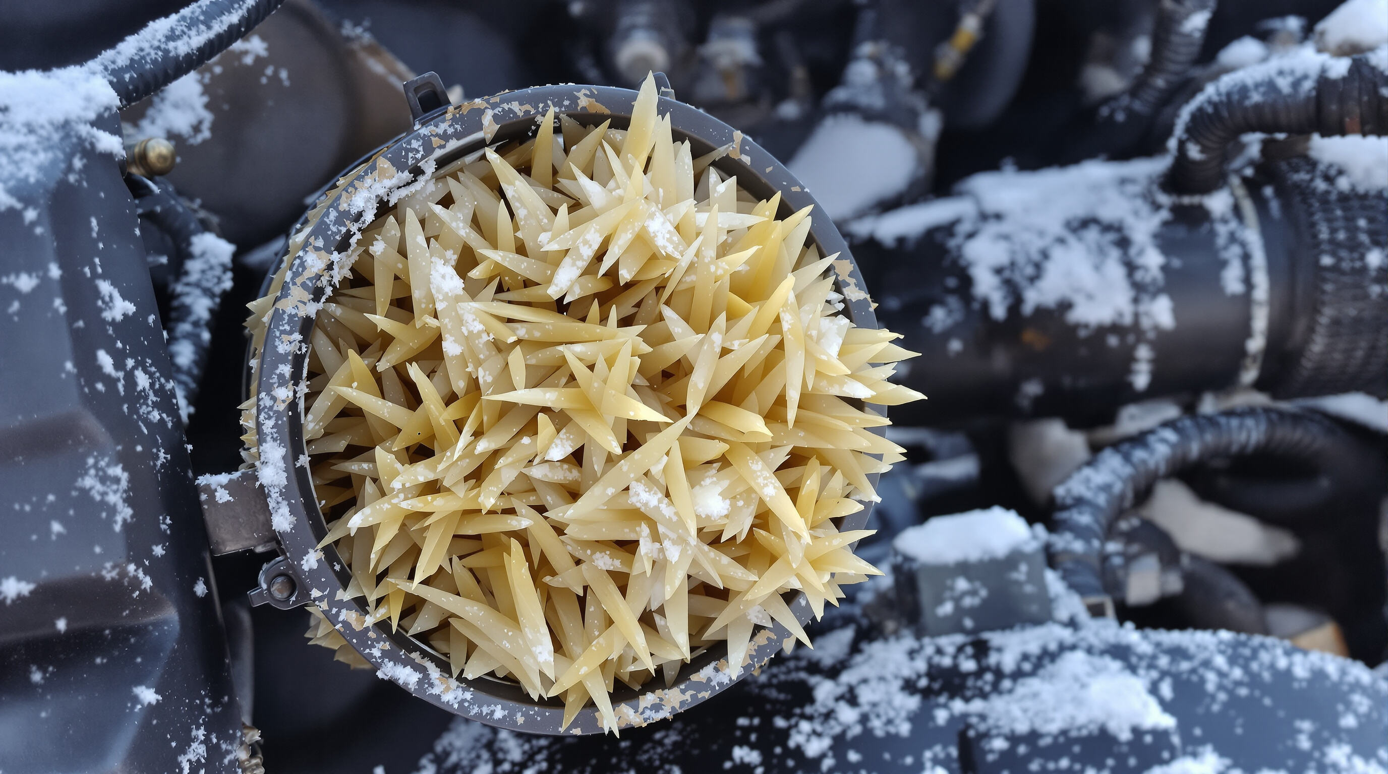 Close-up of diesel fuel filter clogged by wax crystals inside a snowy truck engine bay.
