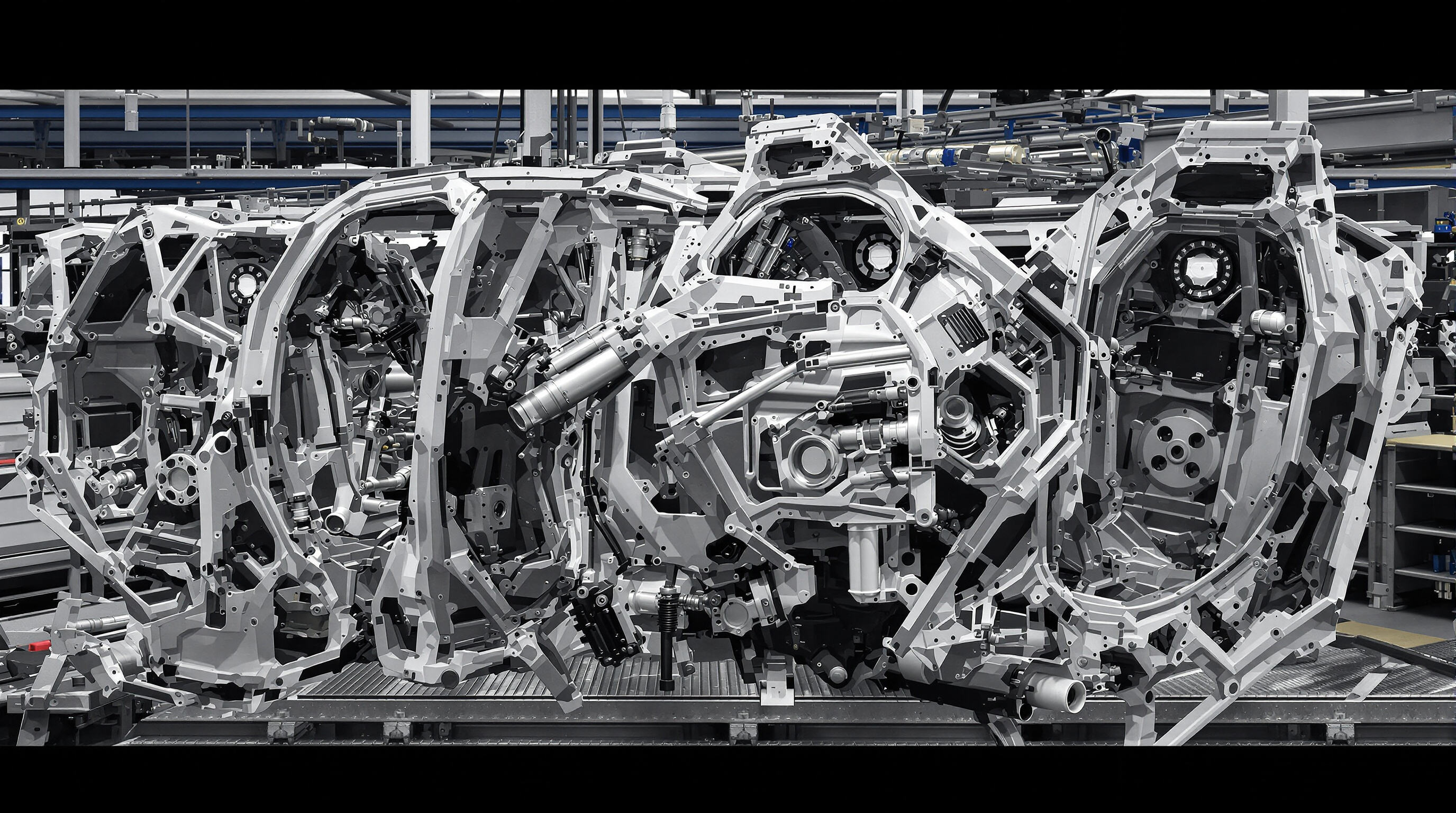 Photorealistic view of modular automotive subassemblies with connectors and mounting brackets on a workstation