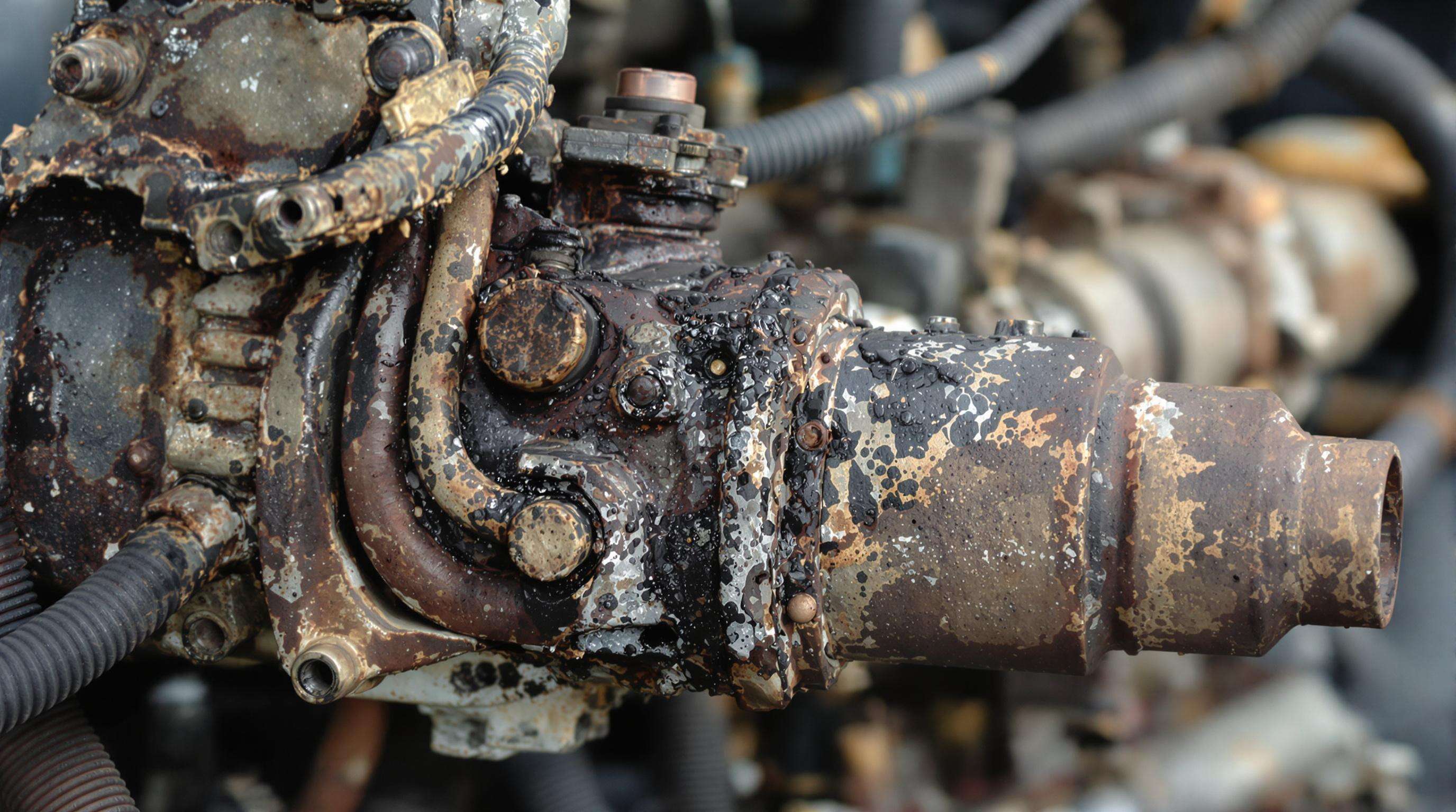 Macro photo showing damaged diesel injector and engine parts affected by dirty fuel