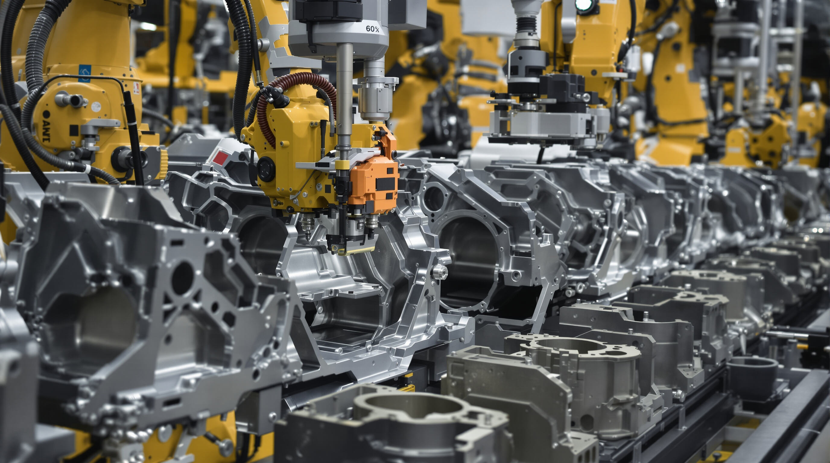 Robotic arms positioning precision-machined automotive housing with detailed alignment features on an assembly line