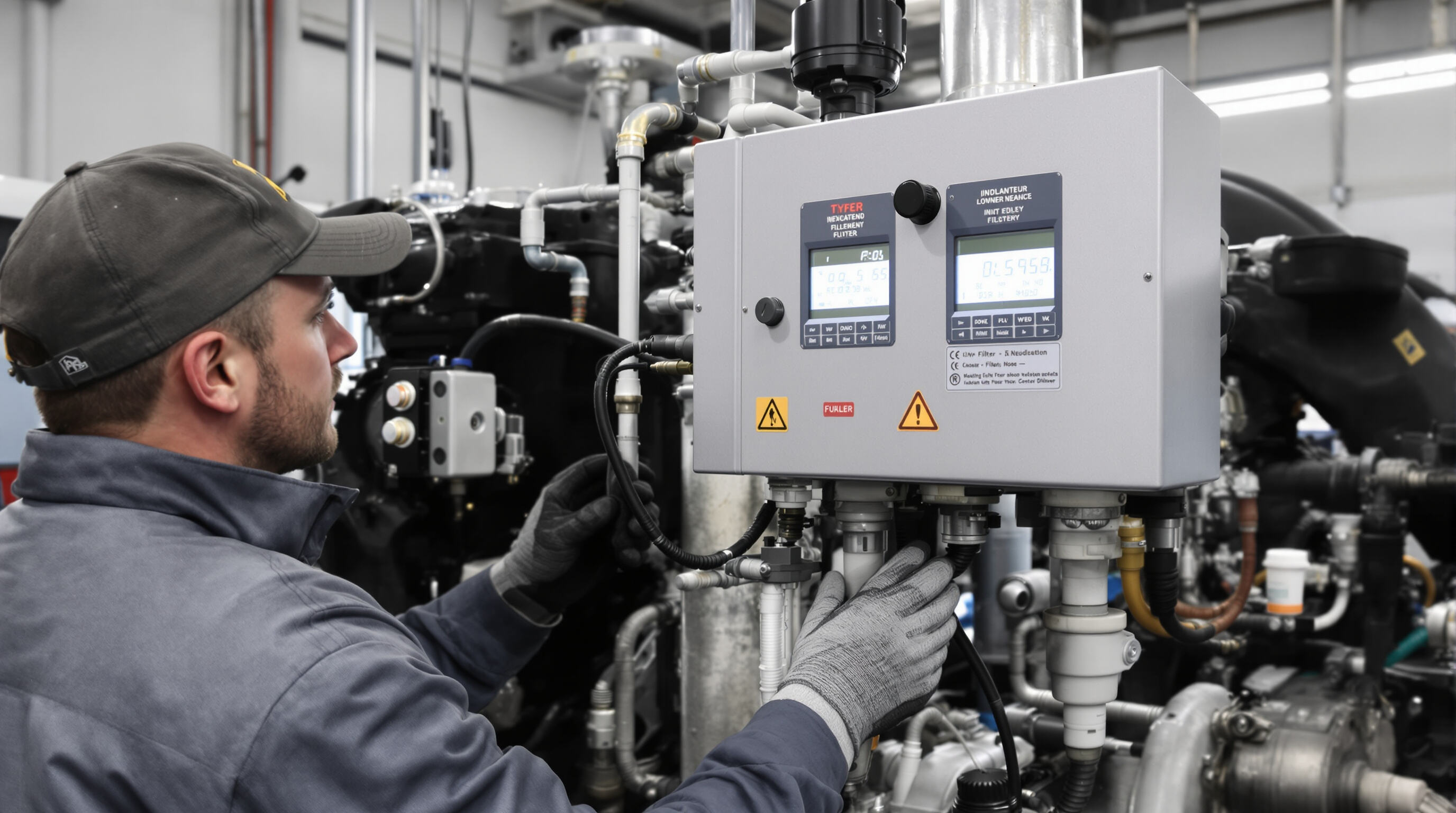 Modern heated and sensor-equipped diesel fuel filter being inspected in a cold-weather maintenance facility.