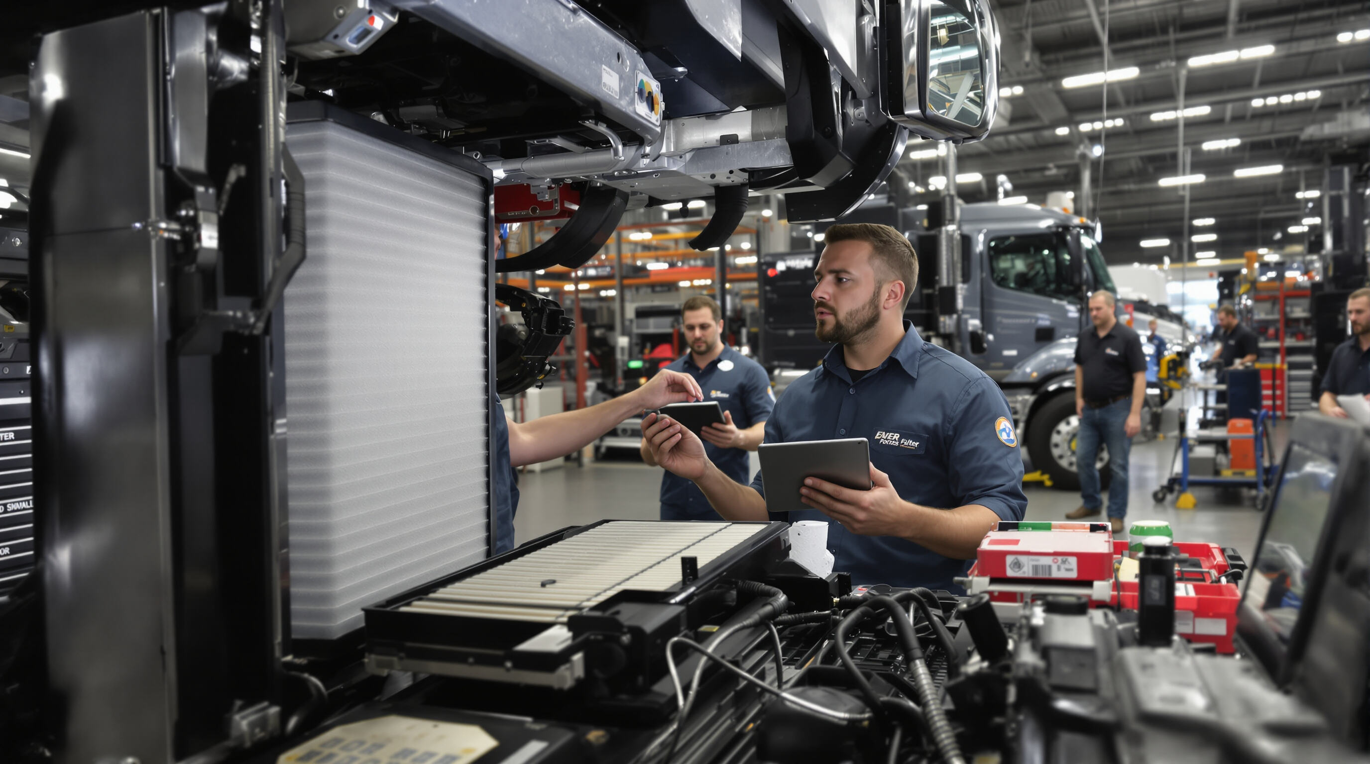 Fleet maintenance workshop with technicians inspecting truck filters and reviewing digital service data.