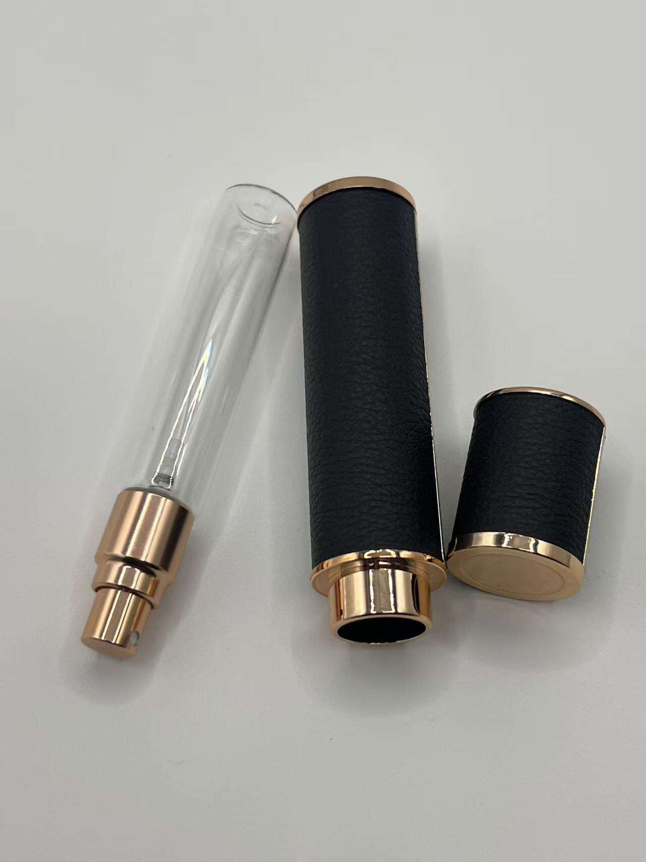 Hot Sale 10ml Black Leather Perfume Bottle Portable Square and round Shape Pump Sprayer Sealable and Refillable Empty details