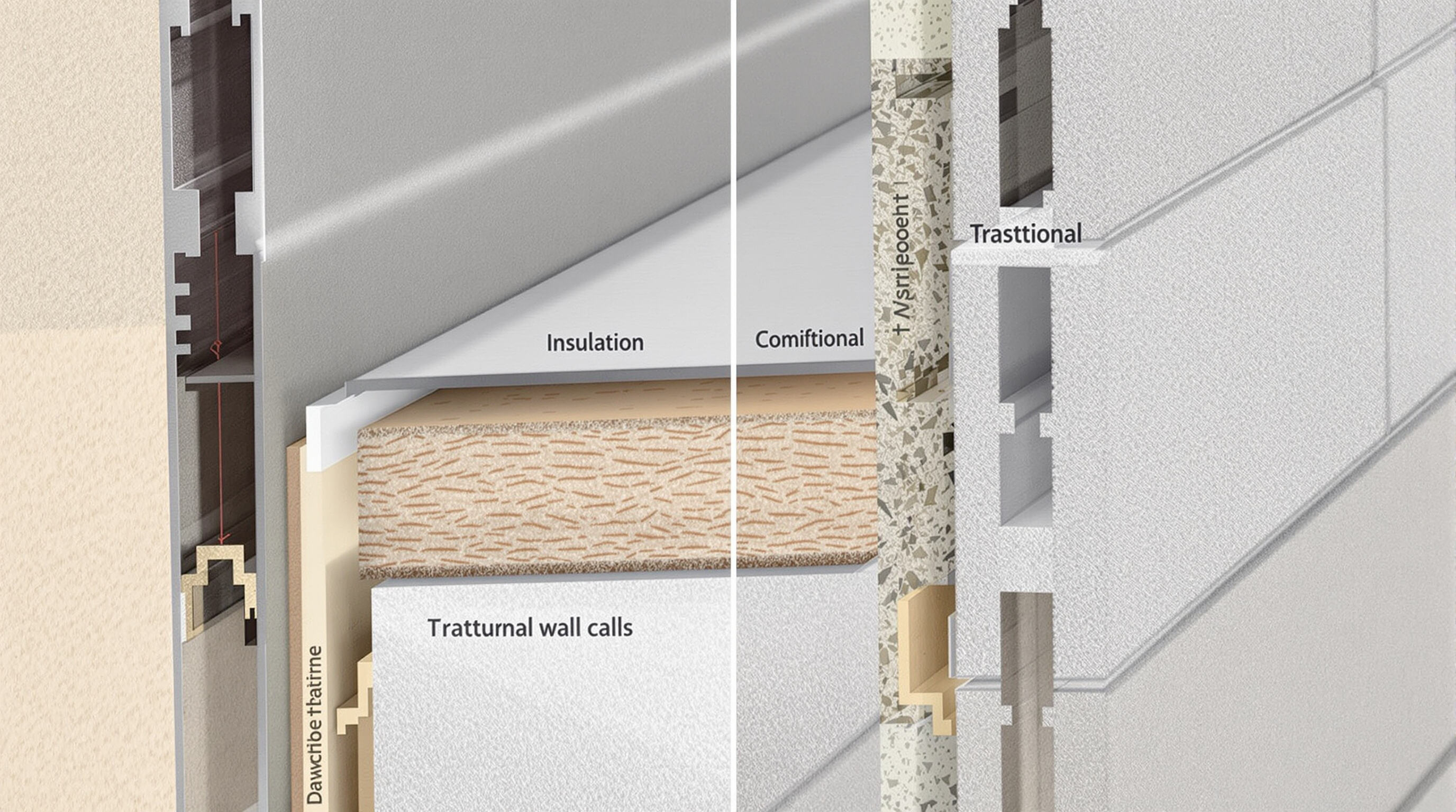 Photorealistic interior wall cross-section with sandwich panel insulation compared to traditional insulated wall