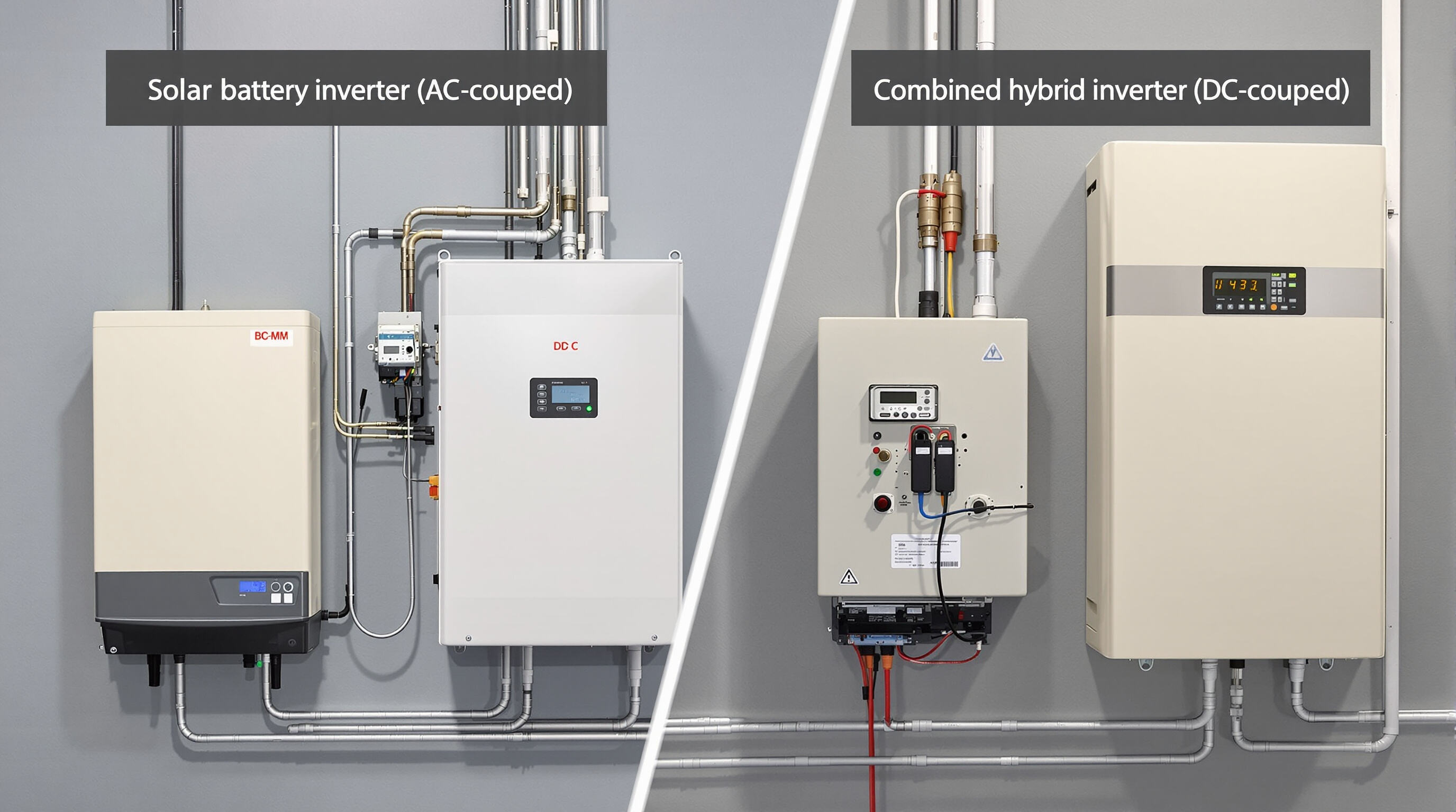 Comparison of two solar battery setups showing distinct AC-coupled and DC-coupled inverter configurations.