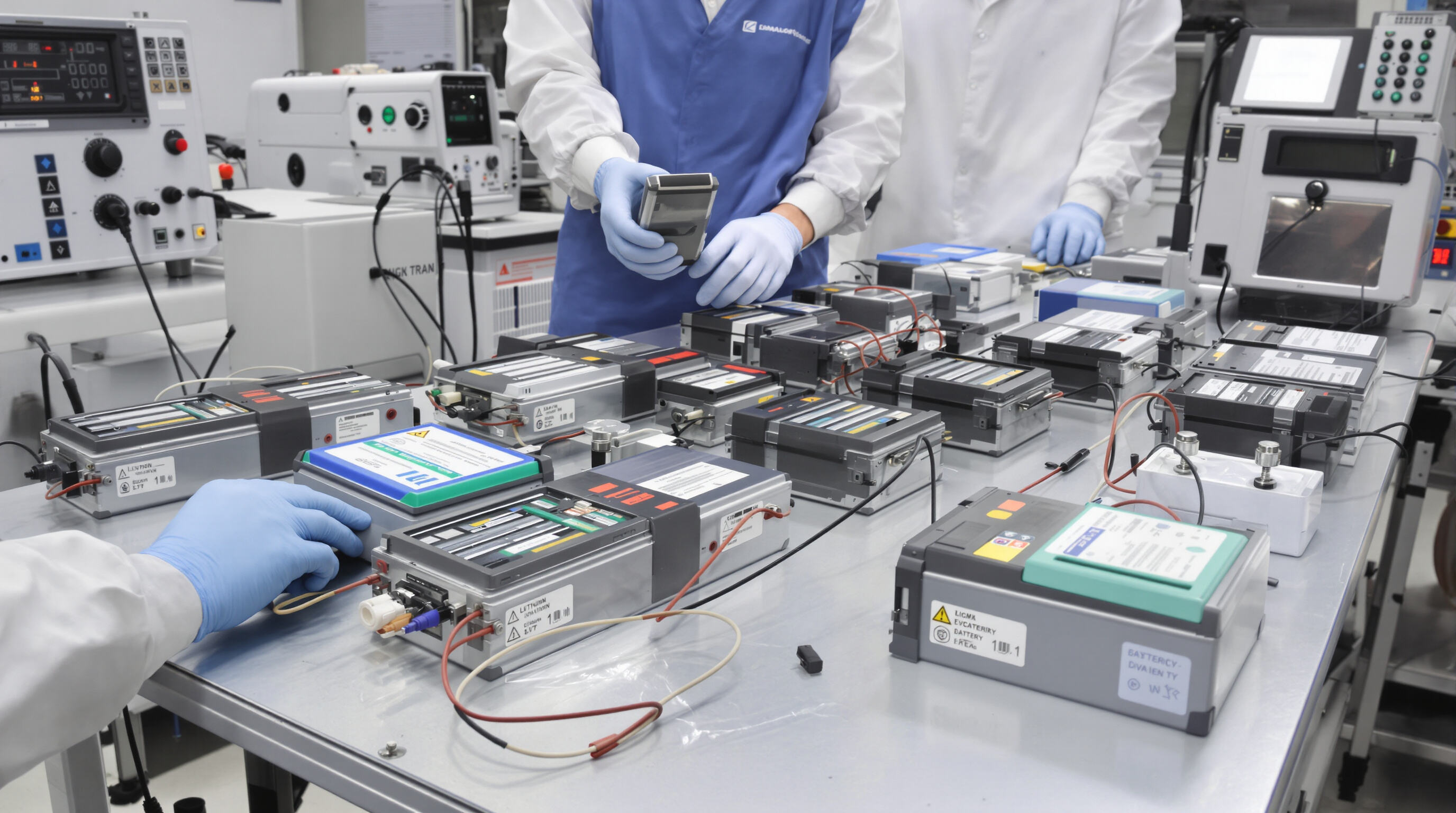 Lithium ion batteries being tested for cycle life at different depths of discharge in a lab