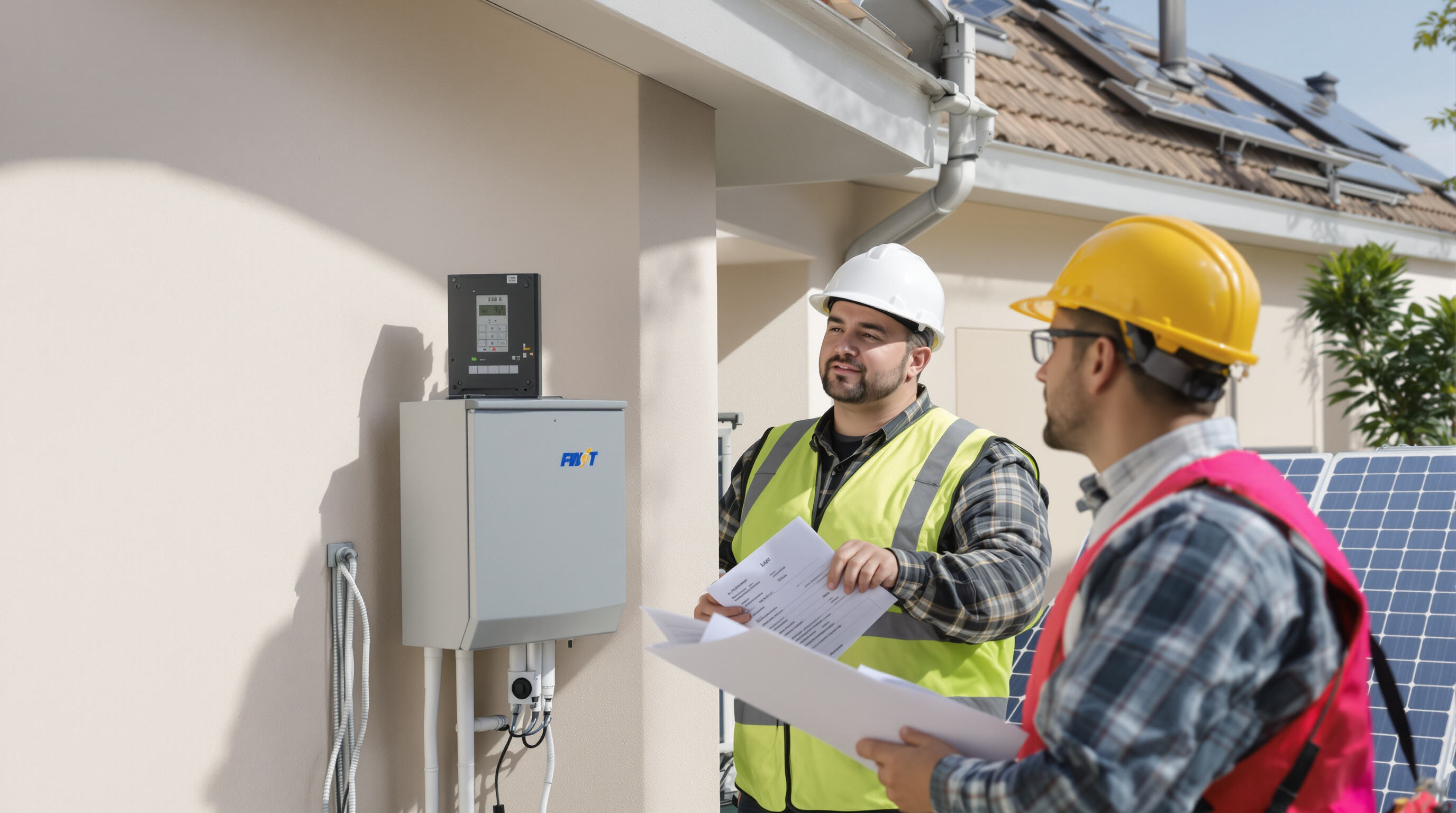 Energy assessor and homeowner discuss electricity usage and inspect the roof and electrical panel for solar battery installation.