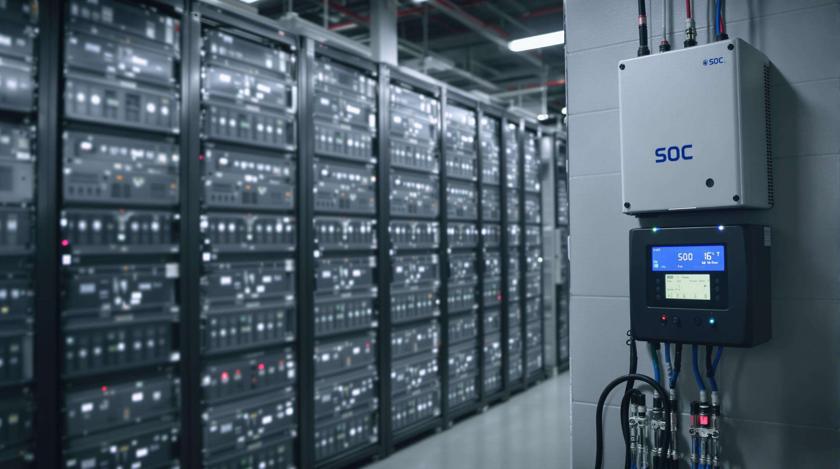 Photorealistic image showing a battery storage system with modules, BMS controller, and inverter in an industrial setting.