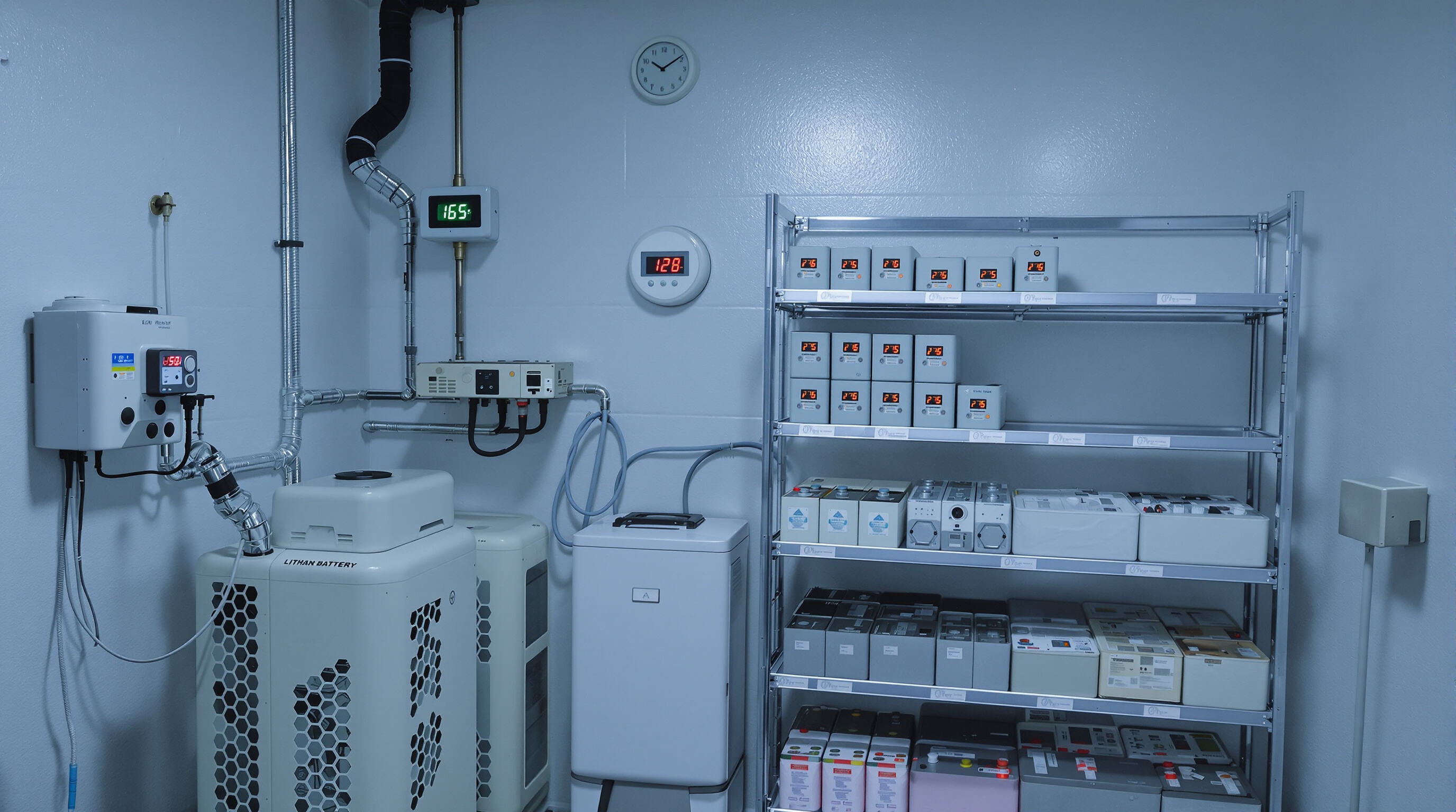 Climate-controlled storage room for lithium batteries with temperature and humidity monitoring equipment