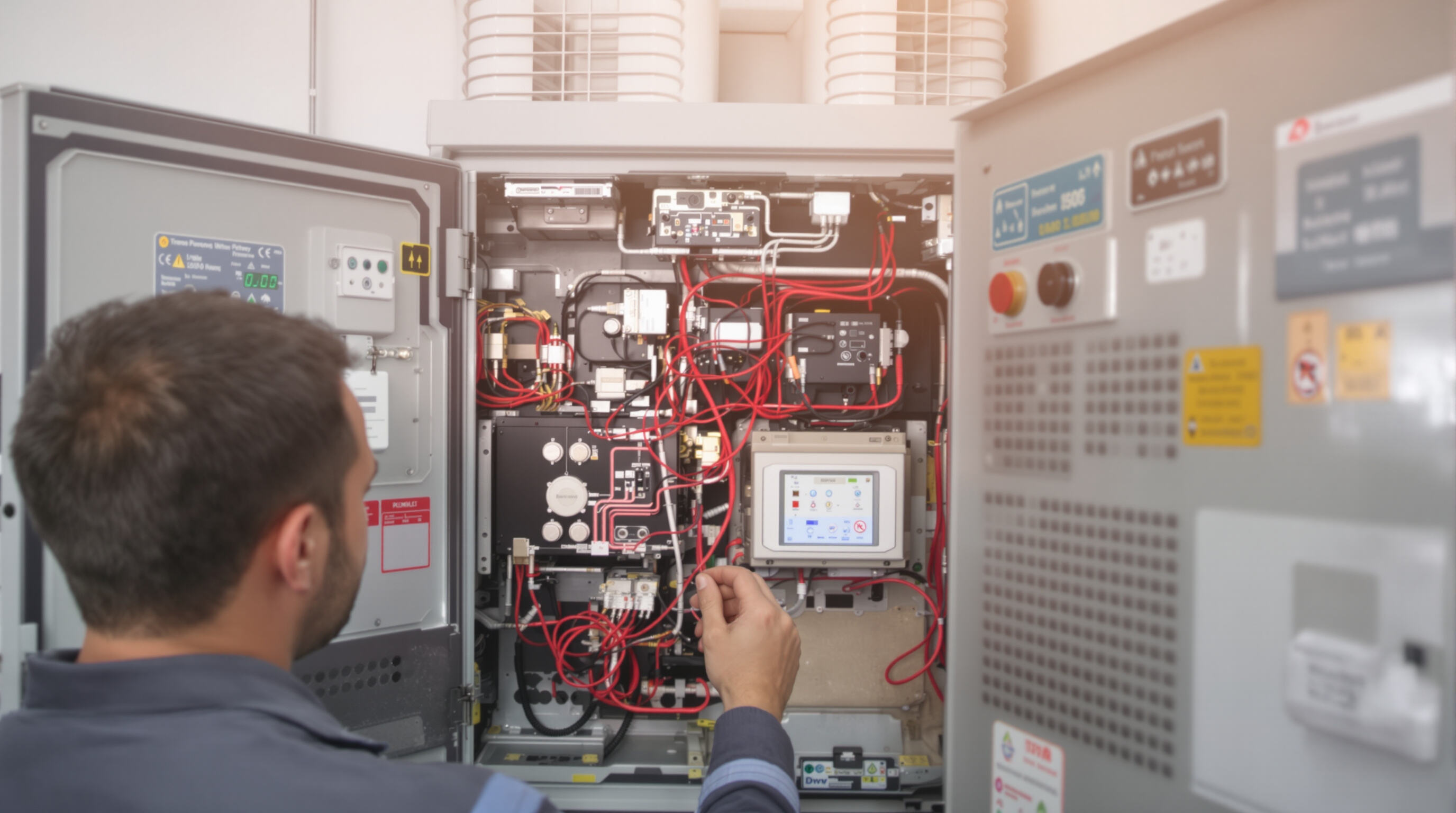 Technician monitoring lithium ion batteries in an inverter system for heat and airflow