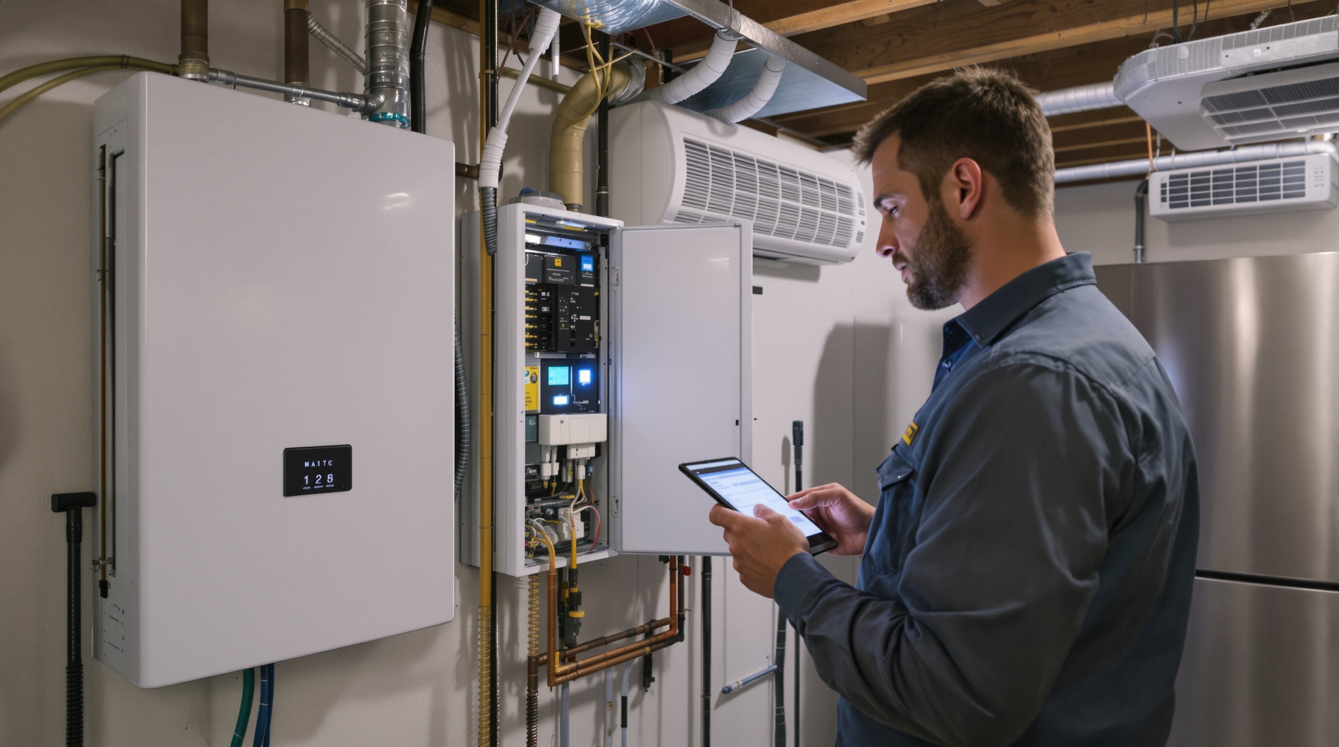 Technician inspecting home battery storage system and main appliances to assess backup power needs
