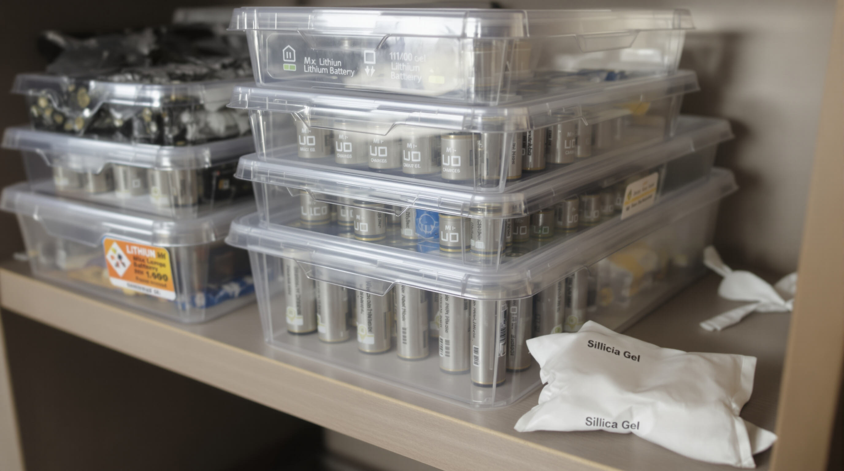 Lithium batteries stored in clear containers at partial charge with silica gel packets