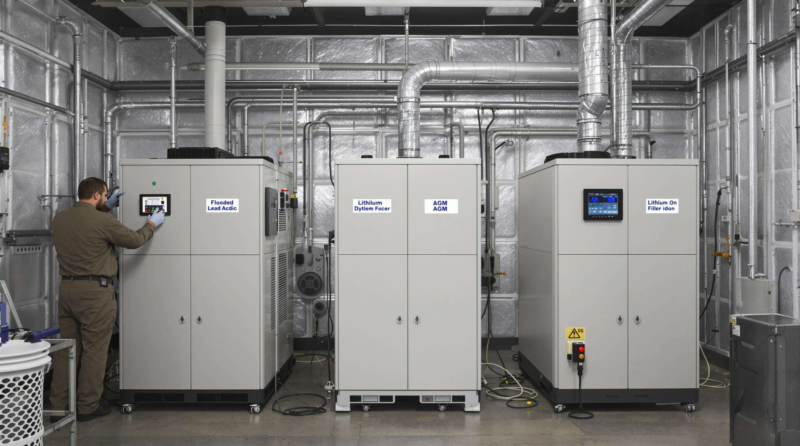 Photorealistic image of three battery types being maintained with technician and visible climate control measures.